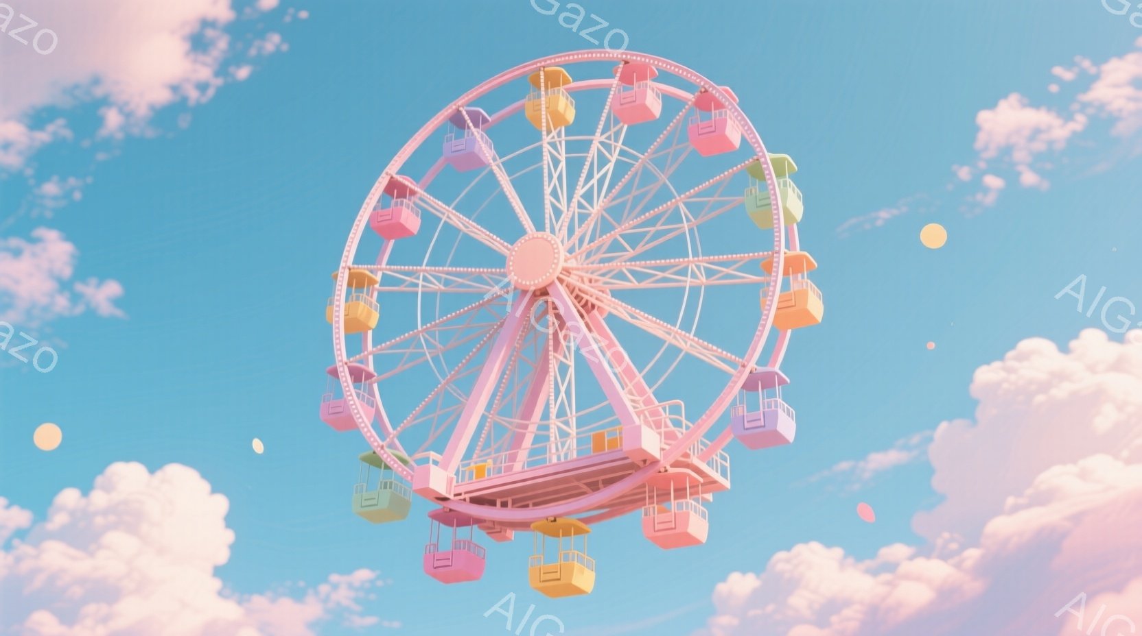 空にはふわふわとしたピンクと白の雲が広がり、その中にパステルカラーの観覧車が浮かんでいます。観覧車はピンク、黄色、薄い水色のゴンドラで構成され、可愛らしい印象を与えます。背景は明るい青空で、全体的に夢のような、ほのぼのとした雰囲気が漂っています。