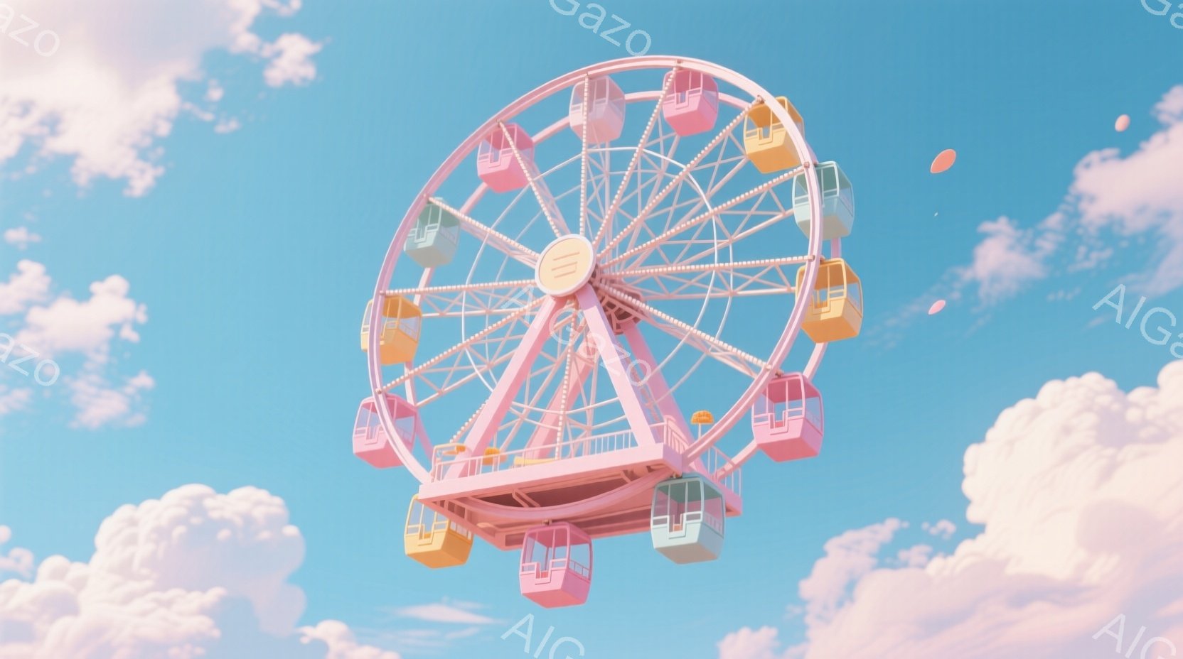 淡いピンクと黄色を中心としたパステルカラーの観覧車が、もくもくと湧き上がる雲の下に浮かんでいる。キャビンは可愛らしいデザインで、全体的に柔らかく優しい雰囲気を醸し出している。背景は空と雲で、まるで夢の - AI生成フリー素材