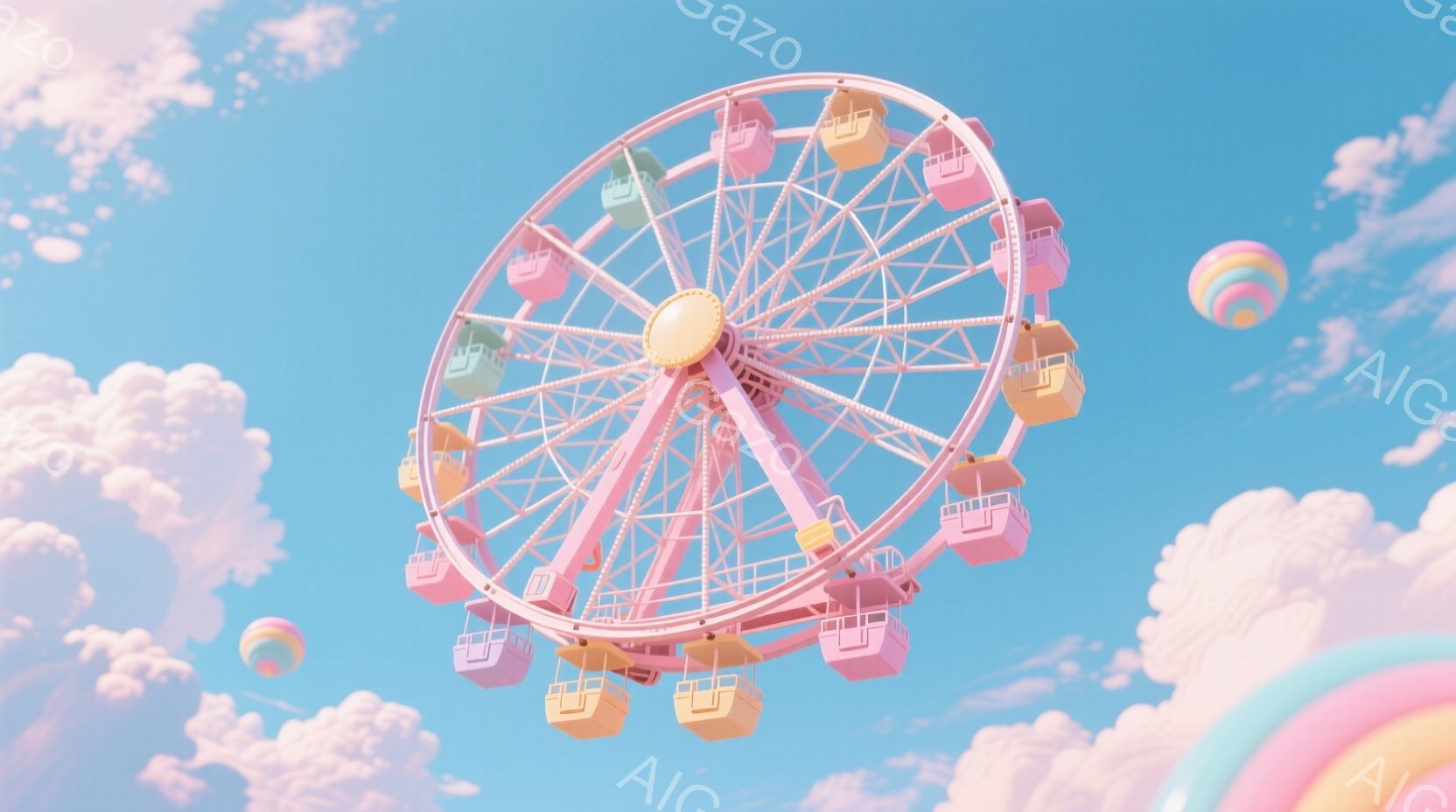 空には、パステルピンクの観覧車が大きく浮かんでいます。各ゴンドラは、黄色、ピンク、水色、緑など、カラフルな色で彩られています。ふわふわとしたピンク色の雲と、ところどころに見える虹色のバルーンが、夢のような、遊び心のある雰囲気を醸し出しています。
