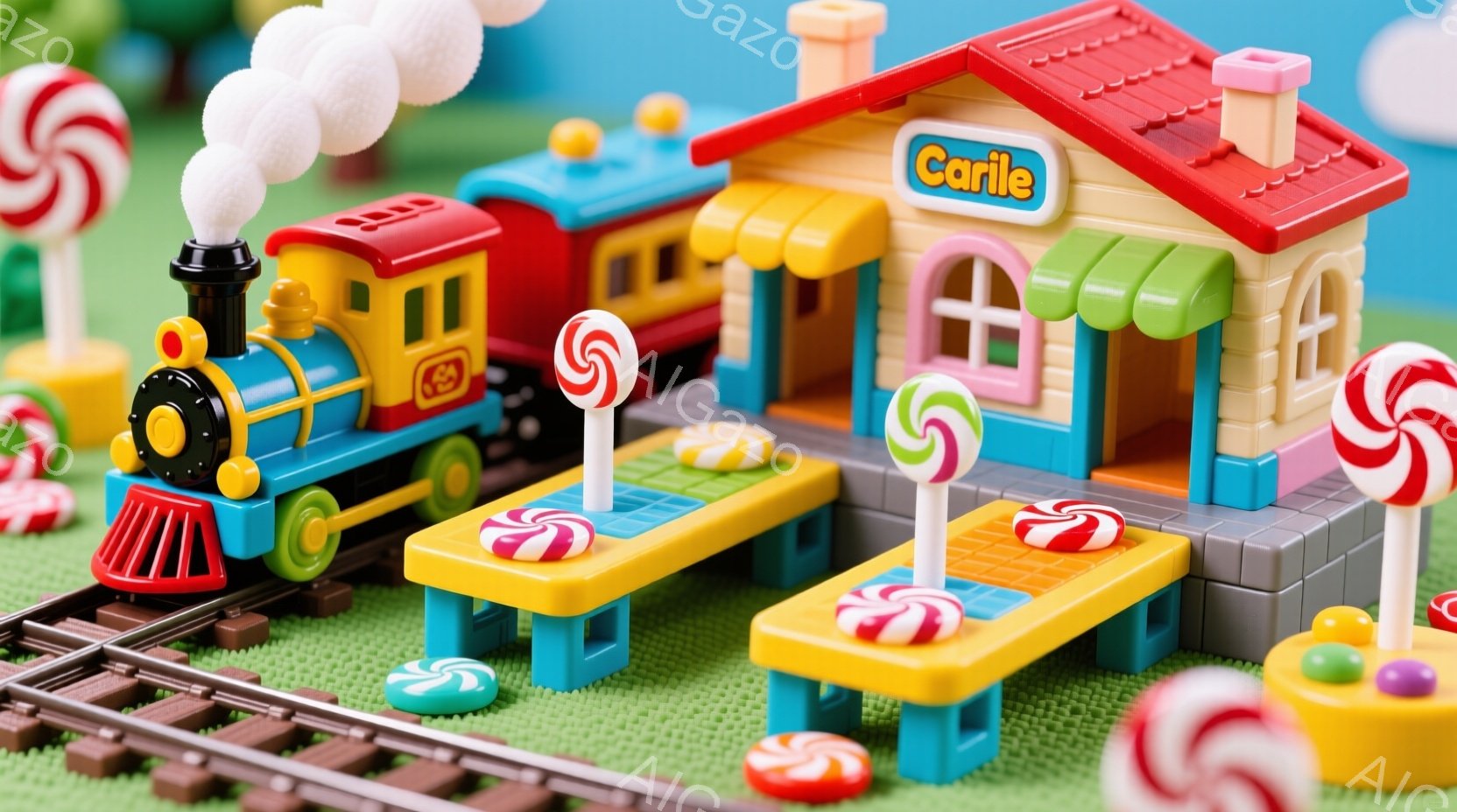 明るい緑色の芝生の上に、カラフルなブロックで作られたおもちゃの列車が線路を走っています。列車の後ろには、キャンディが置かれた小さなテーブルや、ブロックで作られた可愛らしい家が見えます。全体的に甘くて楽 - AI生成フリー素材