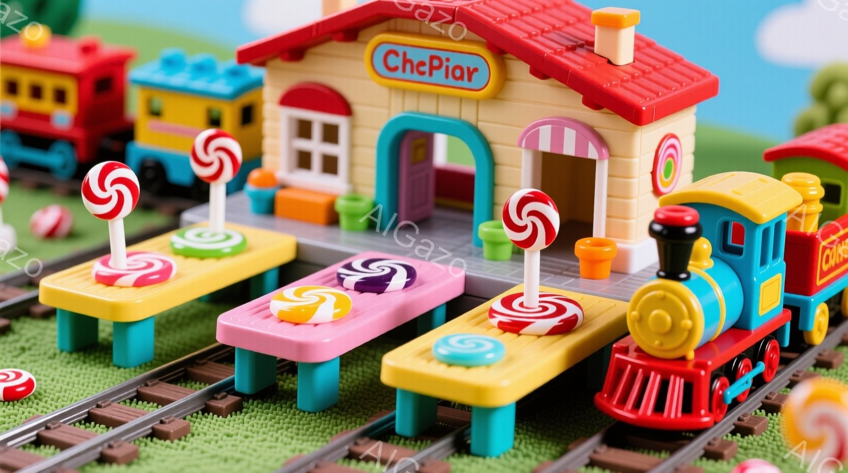 カラフルなキャンディと列車のおもちゃが緑色の芝生の上に並べられています。ピンク、黄色、緑色のテーブルには渦巻き状のキャンディが飾られており、背景にはおもちゃの駅舎が見えます。明るい色使いと可愛らしいデ - AI生成フリー素材