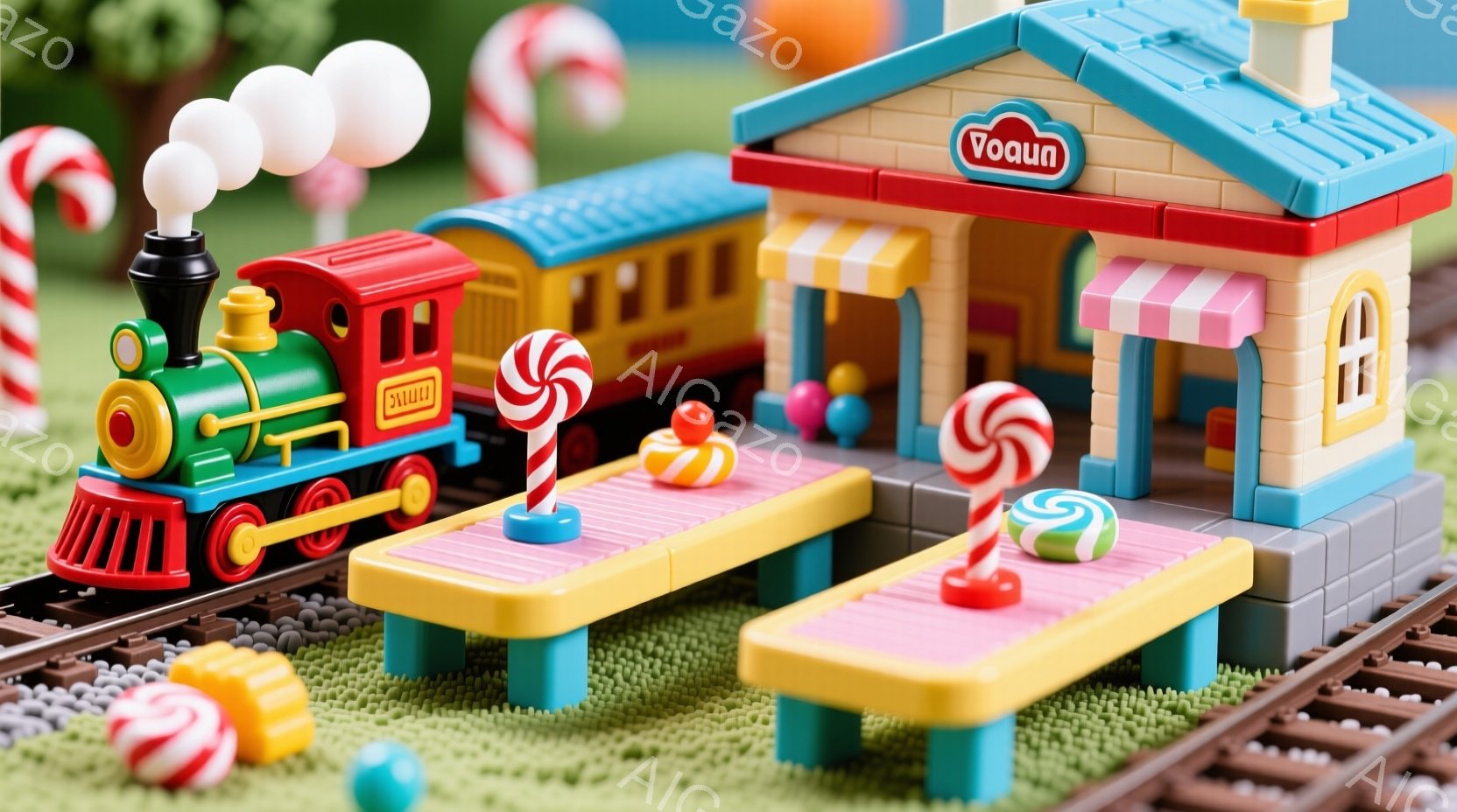 カラフルなプラスチック製の鉄道模型が写っています。緑色の機関車と赤い客車が線路の上を走っており、周りにはキャンディやグミの模型が配置されています。背景には、ピンクの屋根が特徴的な可愛らしいプラスチック製の建物があり、おもちゃのような甘い雰囲気を醸し出しています。