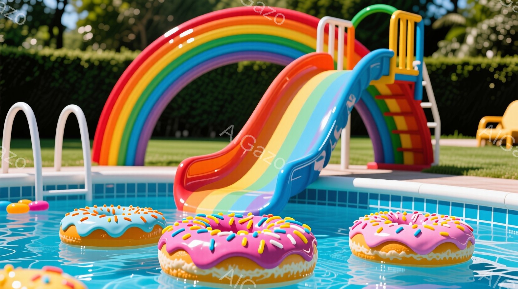 プールには、ピンクと紫色のカラフルなドーナツ型の浮き輪がいくつか浮かんでいます。背景には、虹色のスライドと青い壁があり、緑の芝生と木々が見えます。全体的に、明るく楽しい夏の日のプールサイドの光景で、子 - AI生成フリー素材