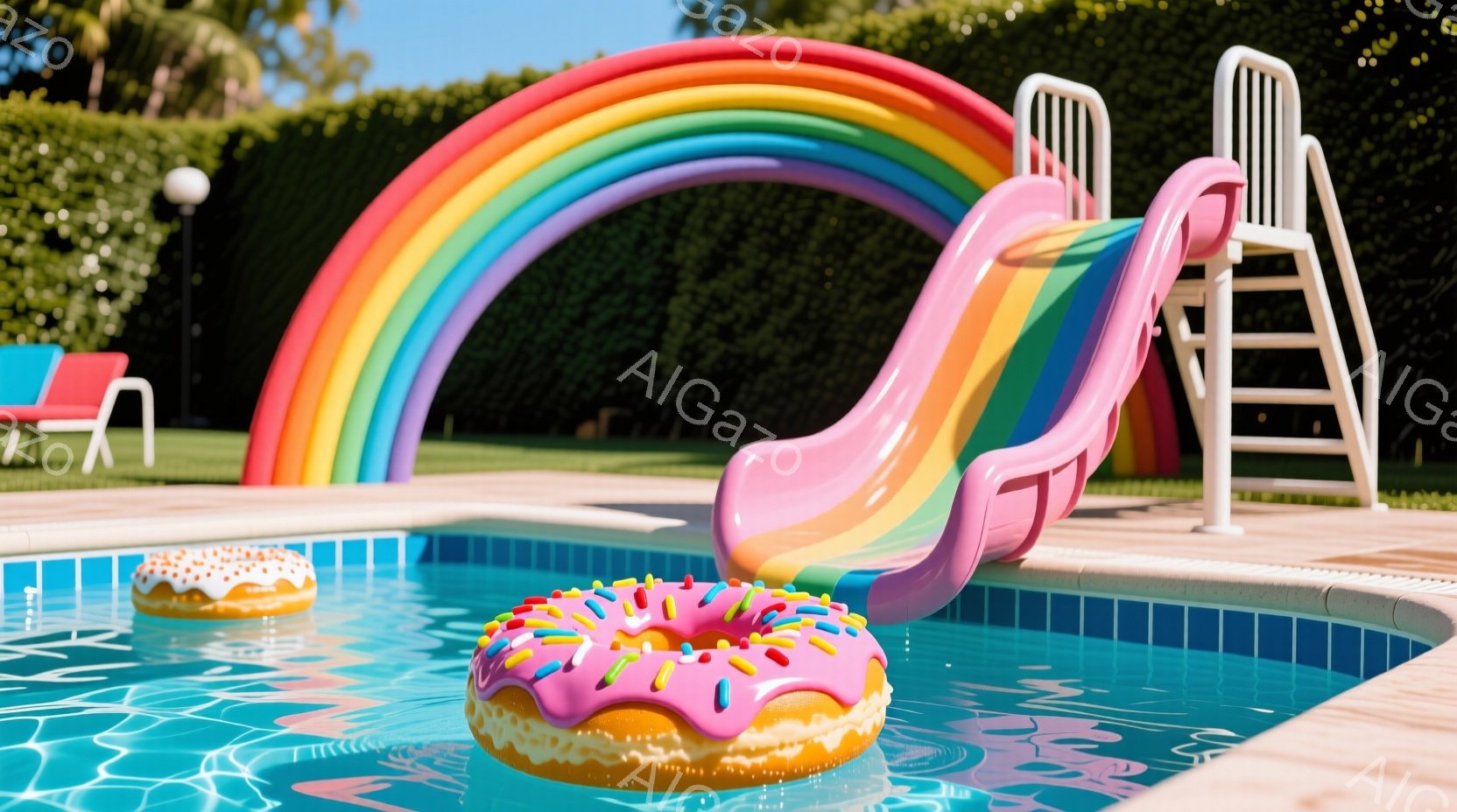 青いプールの水面には、大きなドーナツ型の浮き輪が二つ浮かんでいます。背景には、虹色のスライドと白い階段があり、緑豊かな芝生と木々が広がっています。晴れた空と鮮やかな色彩が、夏の楽しい雰囲気を醸し出して - AI生成フリー素材