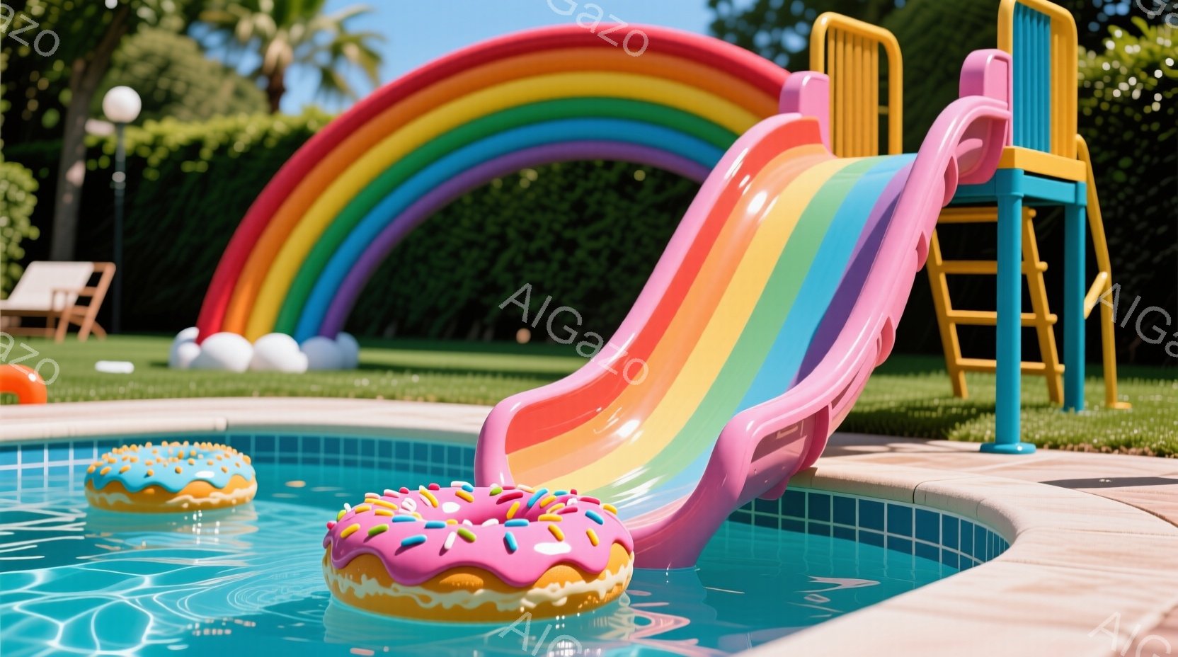 プールの中にカラフルなドーナツ型の浮き輪が浮かび、その先に虹色のウォータースライダーが設置されている風景です。背景には緑の芝生、白い椅子、そして木々が見え、晴れた日の楽しい夏の雰囲気が伝わってきます。鮮やかな色彩と水面の反射が、リラックスした心地よい空間を作り出しています。
