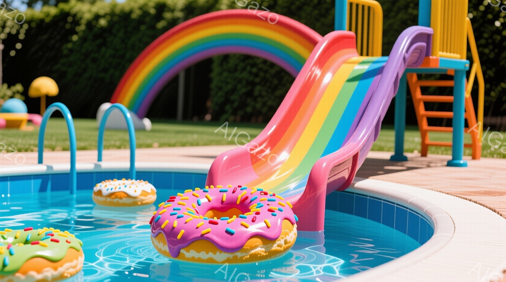 青いプールの水面には、ピンクと紫のドーナツ型の浮き輪が浮かんでいます。背景には、虹色のウォータースライダーとオレンジ色の階段があり、緑の芝生が広がっています。晴れた日の明るい雰囲気で、子供たちが夏を楽 - AI生成フリー素材