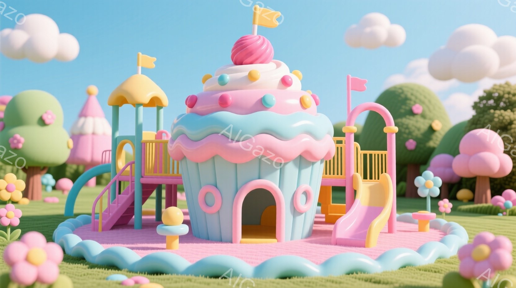 明るい緑の芝生の上に、巨大なカップケーキ型の遊具が置かれています。パステルブルーとピンクの優しい色合いで、滑り台やトンネル、小さな塔が備わっており、まるで夢のような空間です。背景には、カラフルな花や丸 - AI生成フリー素材