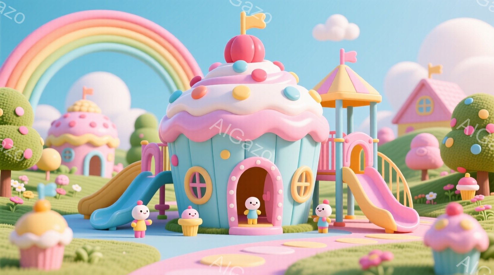 カラフルで夢のような遊園地が広がっています。ピンクや水色のカップケーキのような建物が点在し、小さなキャラクターたちはそれぞれ異なる色の服を着て楽しそうに遊んでいます。背景には虹がかかり、全体的に明るく - AI生成フリー素材