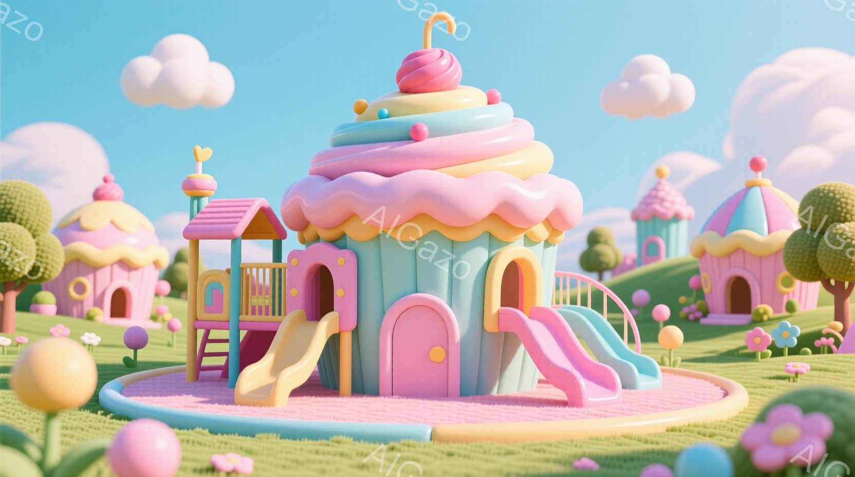 鮮やかな緑の芝生の上に、クリームとスプリンクルを模した装飾が施された、まるで巨大なカップケーキのような遊具が建っています。背景には、同じくお菓子のような可愛らしい建物が点在し、ふわふわとした雲が浮かぶ青空が広がっています。全体的にパステルカラーで統一され、夢のような、遊び心あふれる雰囲気を感じさせます。