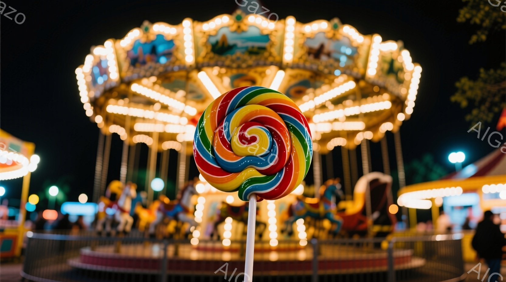 夜の遊園地のメリーゴーランドが明るく光り輝いている。色とりどりの馬や乗り物が回転し、楽しげな雰囲気を醸し出している。手前に大きくカラフルな棒付きキャンディーが配置され、遊園地の甘い思い出を象徴している - AI生成フリー素材