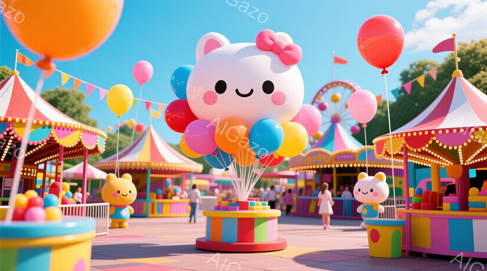 カラフルな遊園地が描かれており、中央には大きな風船のモニュメントが立っている。風船のモニュメントは可愛らしいウサギの形をしており、ピンク色のリボンをつけている。背景には、ストライプ模様の屋台や観覧車が見え、人々が楽しそうに遊んでいる様子が伺える。
