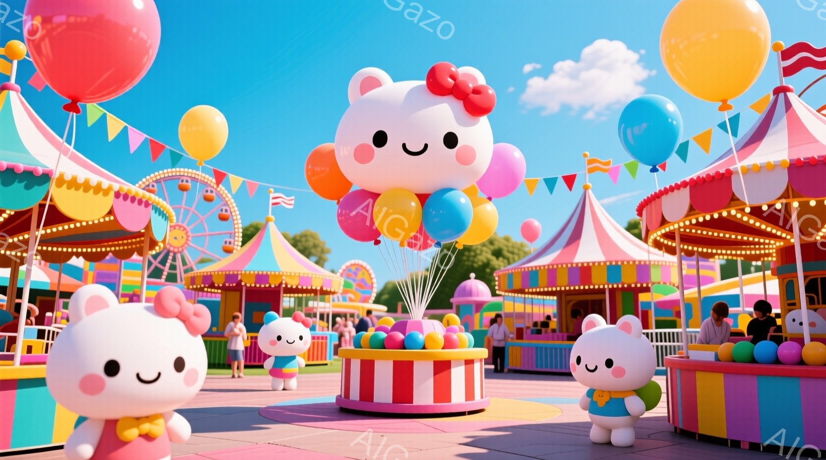 カラフルな遊園地を背景に、可愛らしいウサギのキャラクターたちが描かれています。キャラクターたちはピンク色の服を着ており、頭にはリボンをつけています。背景には、観覧車やカラフルな屋台が並び、全体的に明る - AI生成フリー素材