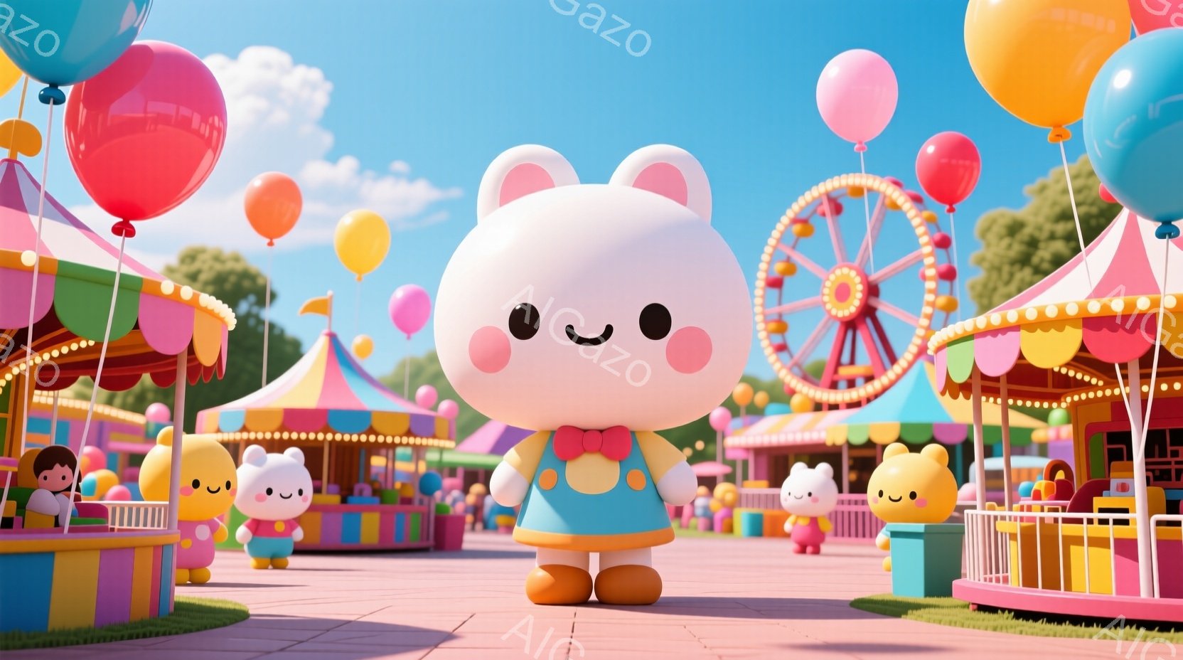 鮮やかな遊園地を背景に、可愛らしいウサギのキャラクターが立っている。ピンク色のオーバーオールに黄色のシャツを着ており、満面の笑みを浮かべている。背景には、観覧車やカラフルな屋台が並び、明るく陽気な雰囲 - AI生成フリー素材