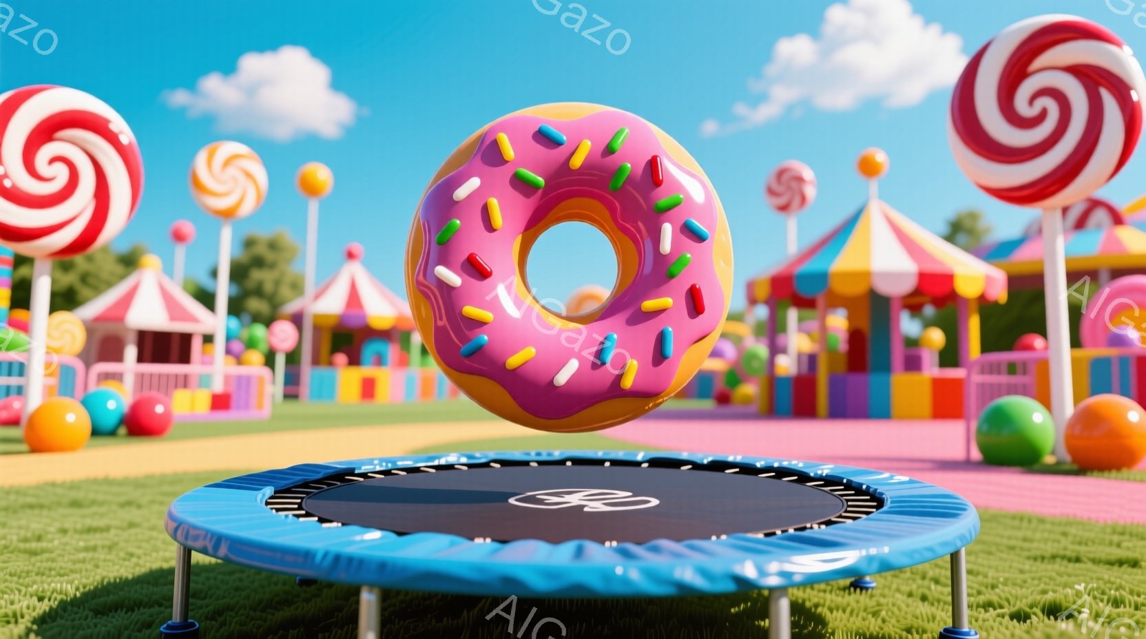 明るい青空の下、カラフルな遊園地の中にトランポリンが設置されています。ピンク色のアイシングとカラフルなスプリンクルがトッピングされたドーナツが、トランポリンの上で宙を舞っており、背景にはキャンディやカ - AI生成フリー素材