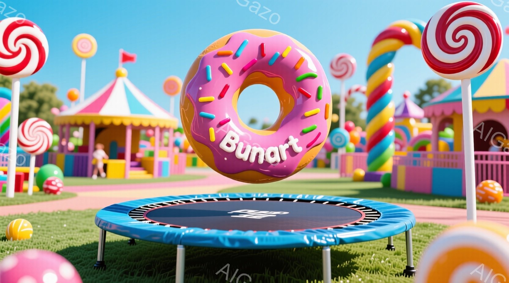カラフルな遊園地の風景を描いています。青いトランポリンの上に大きなドーナツ型のオブジェが浮かんでおり、背景にはストライプ模様のテントやカラフルなキャンディ、緑の芝生が見えます。全体的に明るく、お祭り騒ぎのような楽しい雰囲気が漂っています。