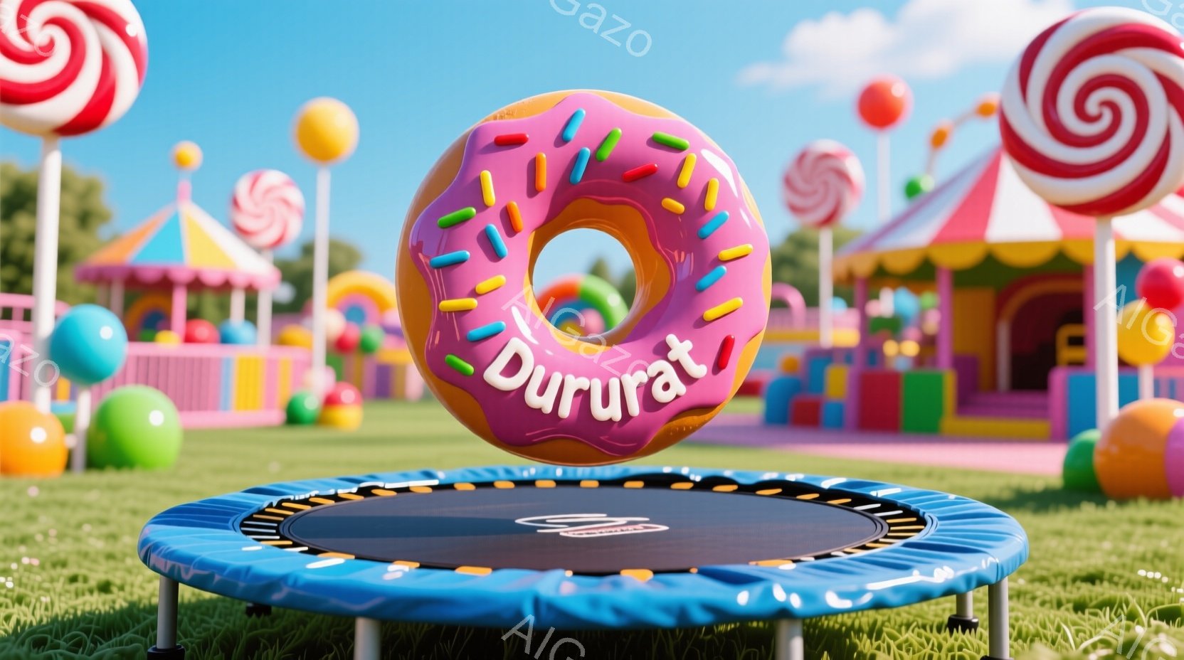 広々とした緑の芝生の上に、青いトランポリンがあり、その上に鮮やかなピンク色のドーナツが浮いています。背景にはカラフルなキャンディや建物が並び、まるで遊園地のような楽しい雰囲気を醸し出しています。空は晴 - AI生成フリー素材