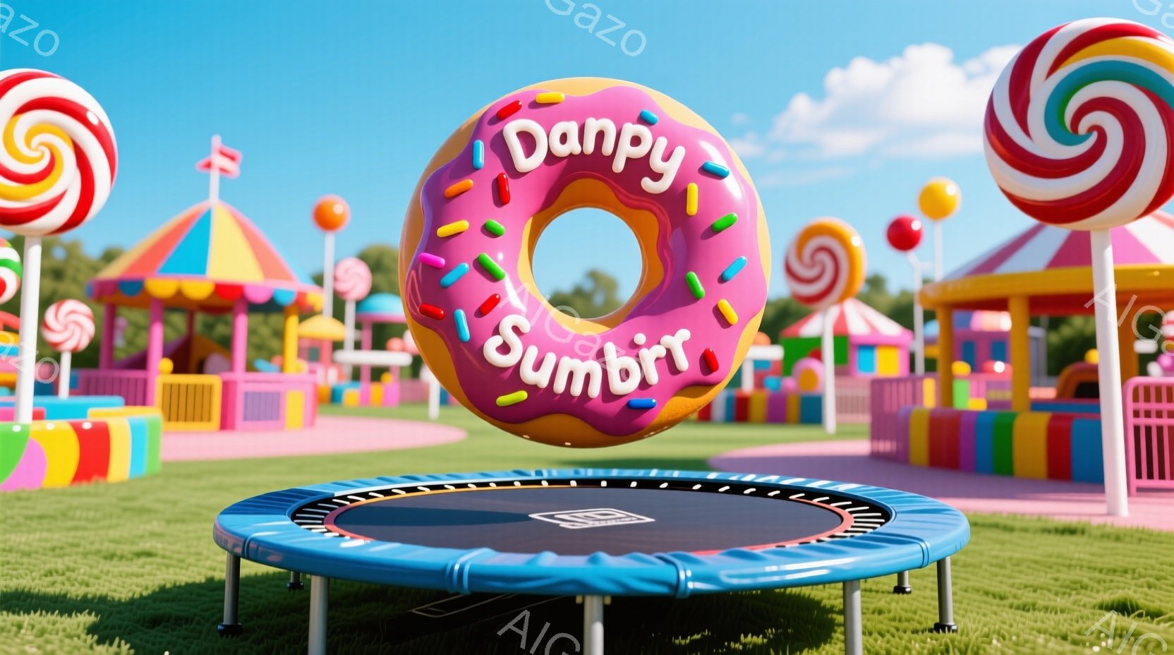 明るい緑の芝生の上に、鮮やかなピンク色のドーナツが「Danpy Sumb」という文字と共に浮かんでいます。背景には、カラフルなストライプのテント、巨大なキャンディー、そして青い空が広がり、まるで遊園地 - AI生成フリー素材