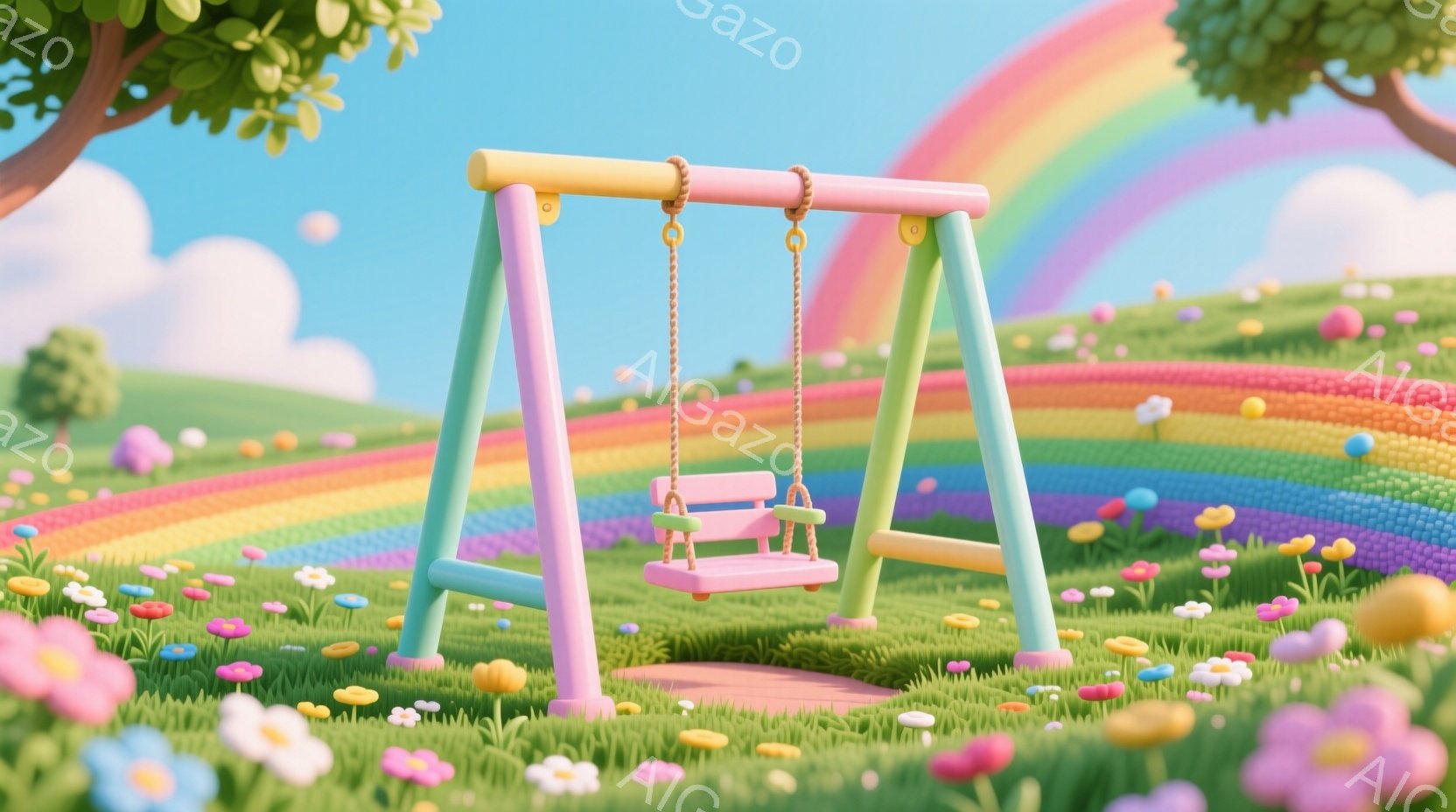 鮮やかな緑の芝生の上に、ピンク色のブランコが設置されています。背景には、虹色の丘と、ふわふわとした雲が広がり、花々が咲き乱れる春の穏やかな風景が広がっています。全体的にパステルカラーで彩られ、可愛らし - AI生成フリー素材