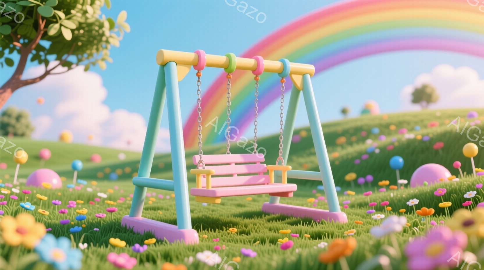 鮮やかな緑の草原に、ピンク色のブランコが設置されています。背景には虹がかかり、可愛らしい花々やカラフルなキノコが点在しており、夢のような雰囲気です。全体的にパステルカラーで統一されており、柔らかく温か - AI生成フリー素材