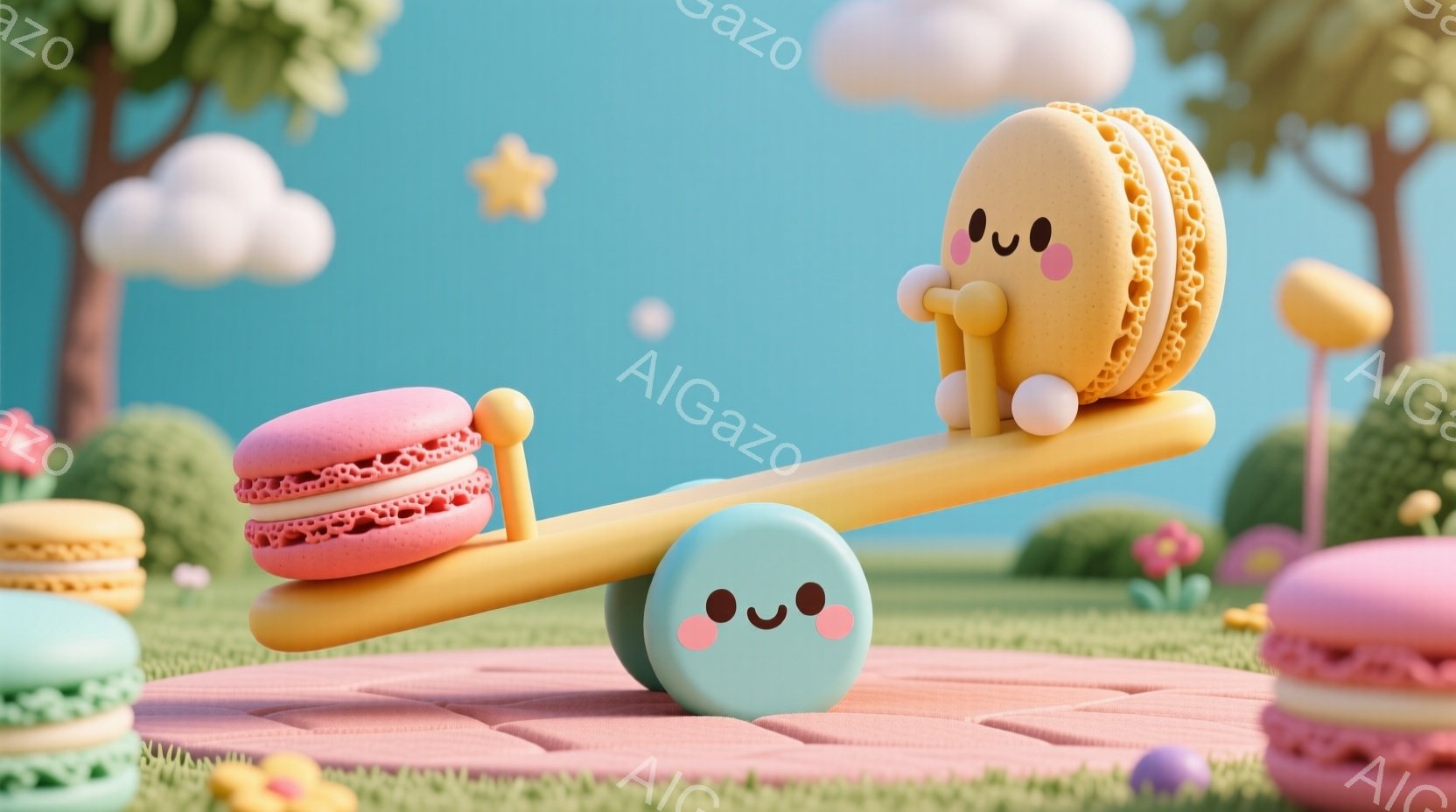 カラフルなマカロンたちが、緑の芝生の上に並び、シーソーに乗って楽しんでいます。オレンジ色のマカロンは笑顔でシーソーに乗り、水色のマカロンはシーソーの支点になっています。背景には、淡いピンク色の花、青い空、そしてふわふわとした雲があり、全体的に明るく、遊び心のある雰囲気が漂っています。