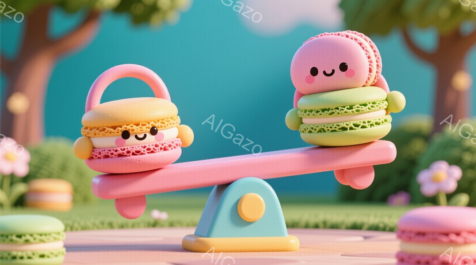 明るいピンク色のシーソーに、可愛らしいマカロンが二つ座っています。片方はオレンジとクリーム色のストライプで、もう片方は緑色で、それぞれ愛らしい表情を浮かべています。背景には、パステルカラーの建物や花々 - AI生成フリー素材