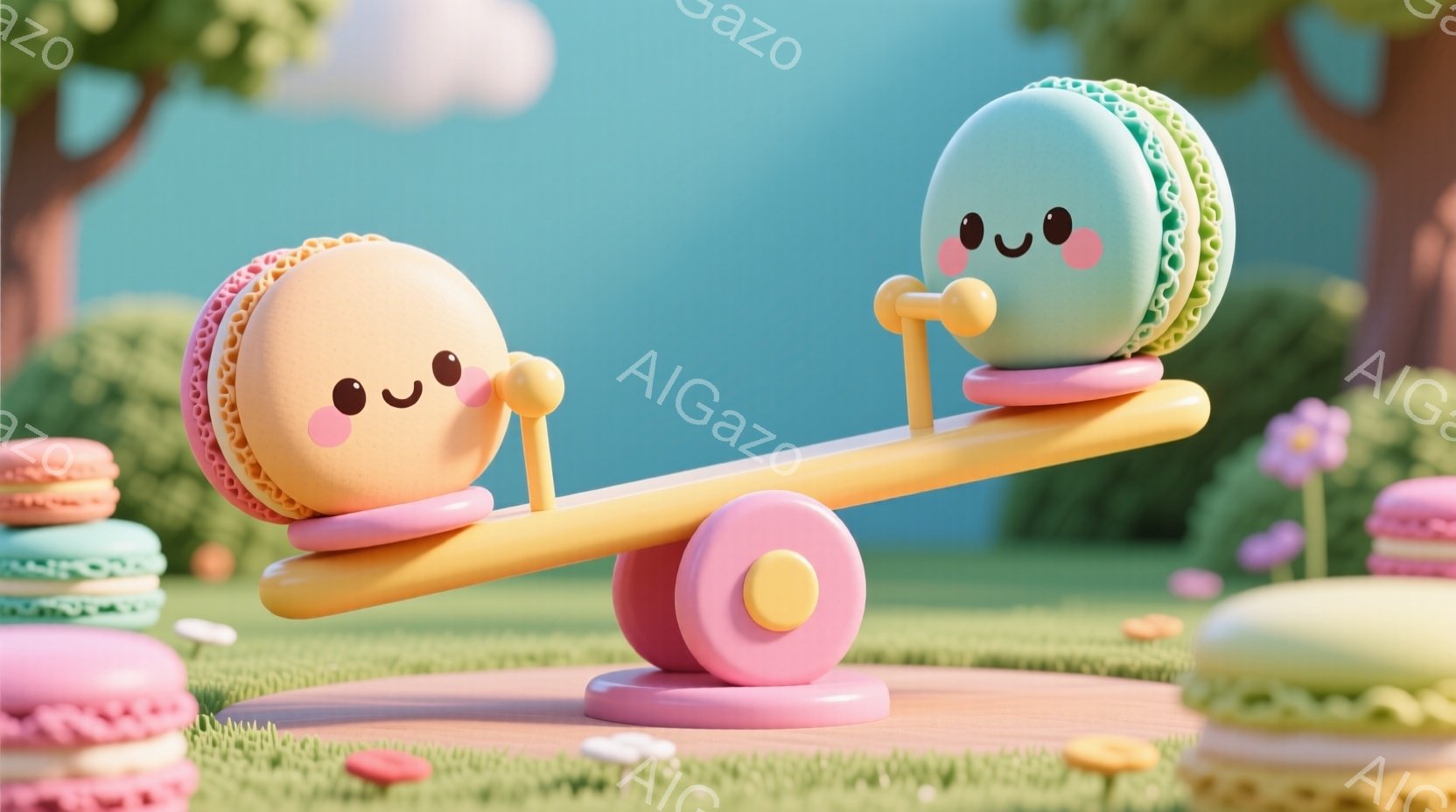 鮮やかなピンクとオレンジ色のマカロンが、シーソーの上で楽しそうに遊んでいます。背景には緑の芝生と可愛らしい花々が咲き、まるで童話のような優しい世界が広がっています。全体的にパステルカラーで彩られ、温かく、夢のような雰囲気が漂っています。