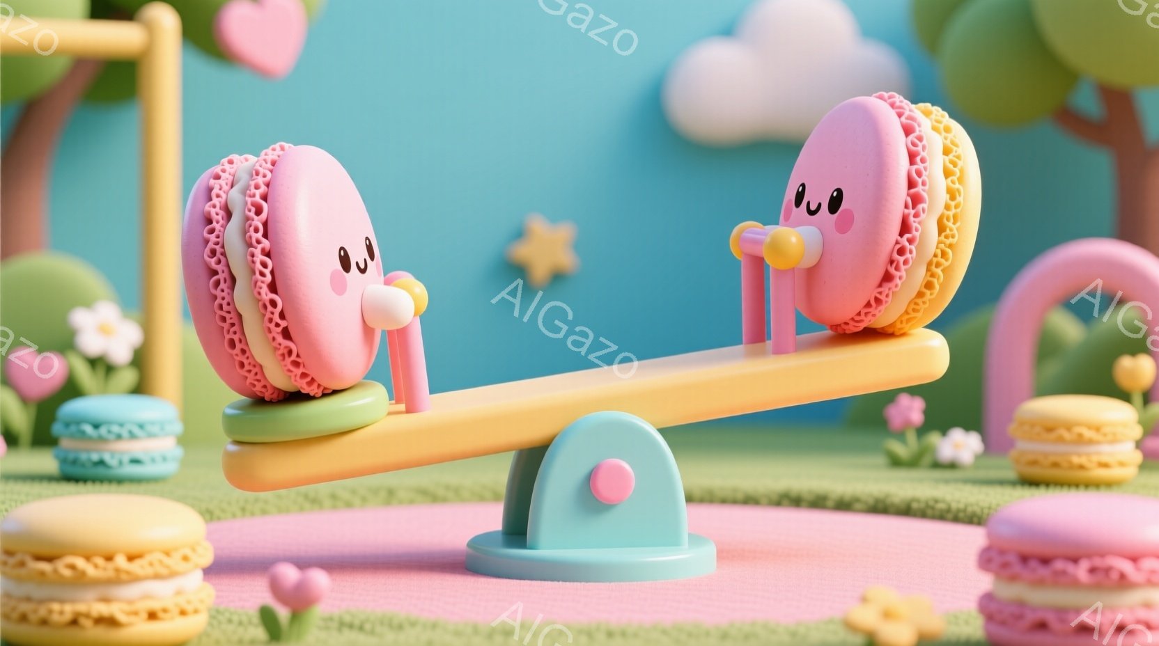 ピンク色のマカロンが2つ、水色のシーソーに乗って楽しんでいます。周囲には、パステルカラーの建物、花、そして雲が浮かび、全体的に可愛らしく、遊び心あふれる雰囲気です。鮮やかな色使いと丸みを帯びた形が、子供向けのイラストレーションのような印象を与えます。