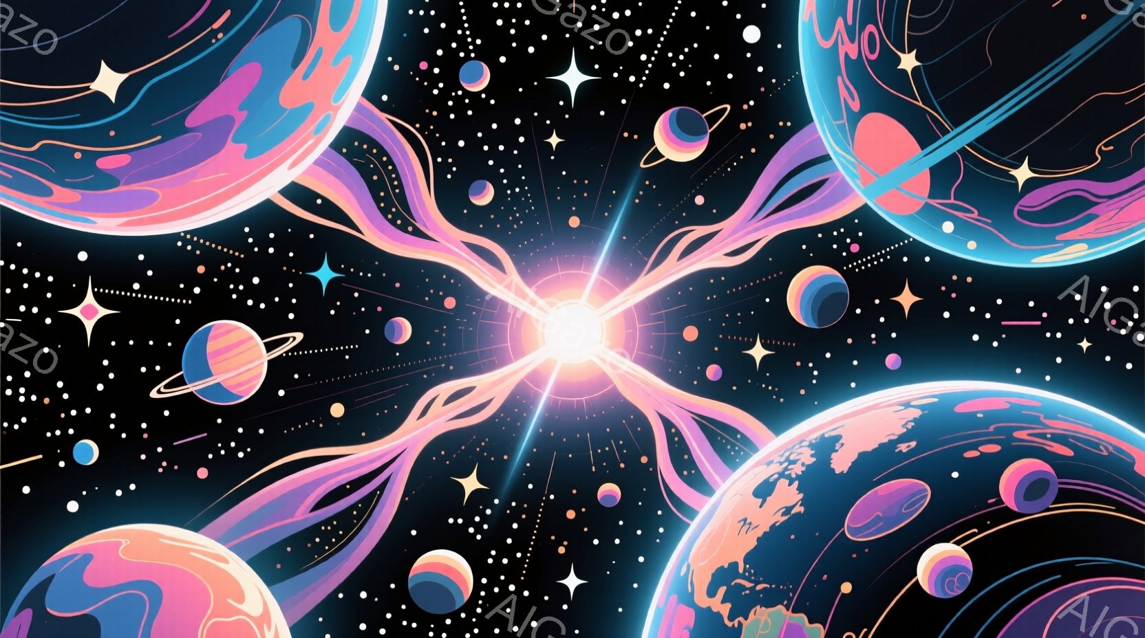 広大な宇宙空間を背景に、様々な惑星が配置されています。中心には強烈な光が輝き、そこから惑星に向かって鮮やかな紫色のエネルギーの流れが広がっています。全体的に幻想的で、どこか神秘的な雰囲気を醸し出してい - AI生成フリー素材