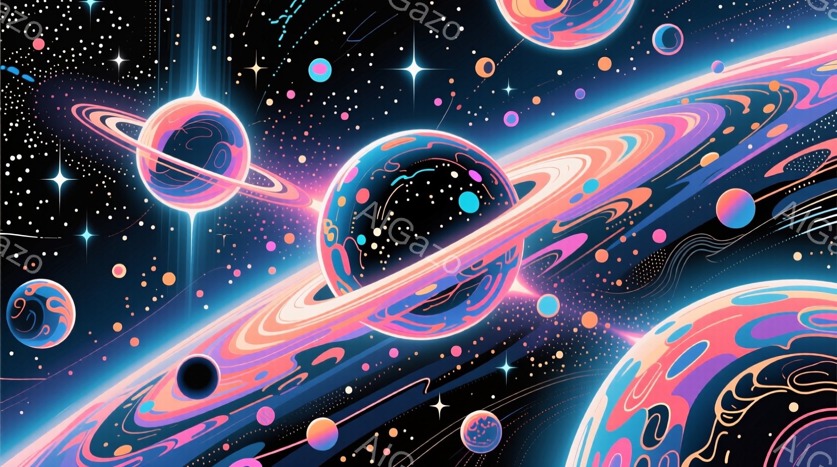 鮮やかなピンクと紫色の惑星が、暗い宇宙空間に浮かび、それぞれが複雑な模様のリングに囲まれている。惑星は渦巻く雲のような模様を持ち、鮮やかな色彩が幻想的な雰囲気を醸し出している。背景にはきらめく星々が散 - AI生成フリー素材