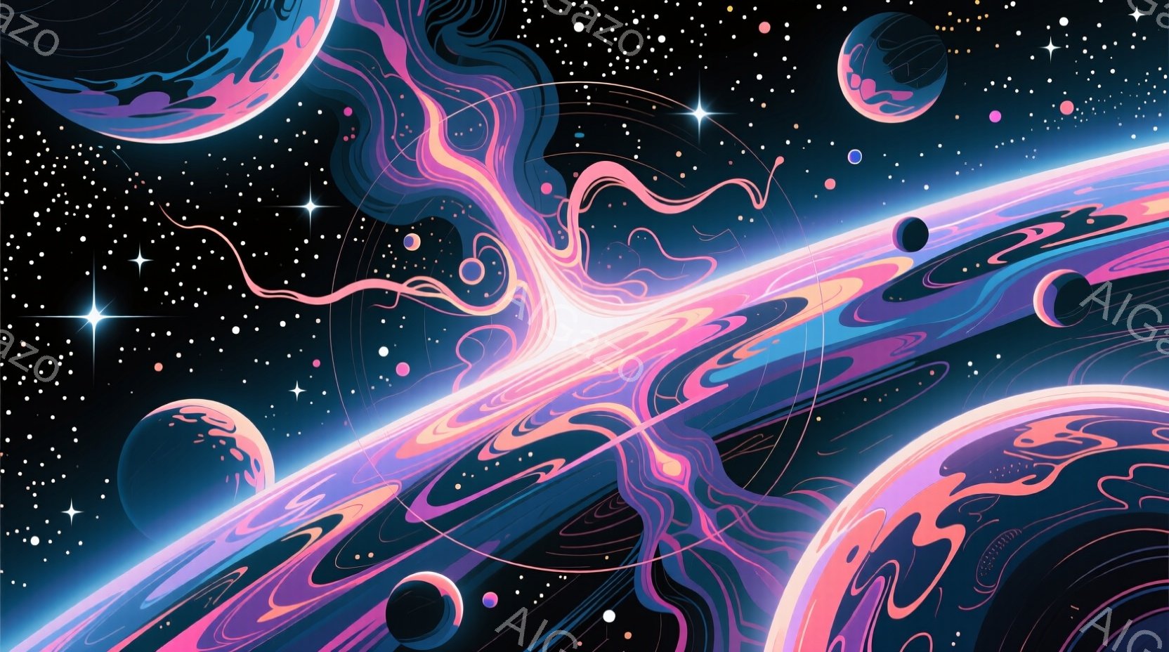 広大な宇宙空間が描かれており、ピンクと紫色の渦巻くエネルギーが中心から放射状に広がっています。背景には、様々な大きさの惑星が点在し、星々が散りばめられた暗闇の中に浮かんでいます。全体的に、神秘的でダイナミックな雰囲気が漂い、壮大な宇宙の創造や破壊の瞬間を表現しているかのようです。