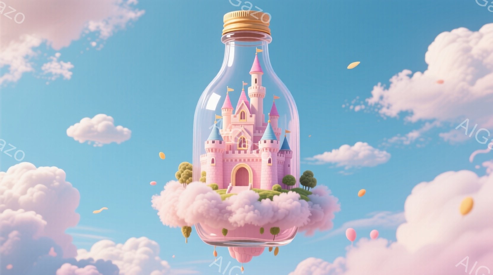 ピンク色の可愛らしいお城が、ふわふわとした雲の上に浮かぶ様子が描かれています。お城は瓶の中に収められており、周囲には薄いピンク色の雲と、いくつかの小さな風船が漂っています。全体的に夢のような、幻想的な - AI生成フリー素材