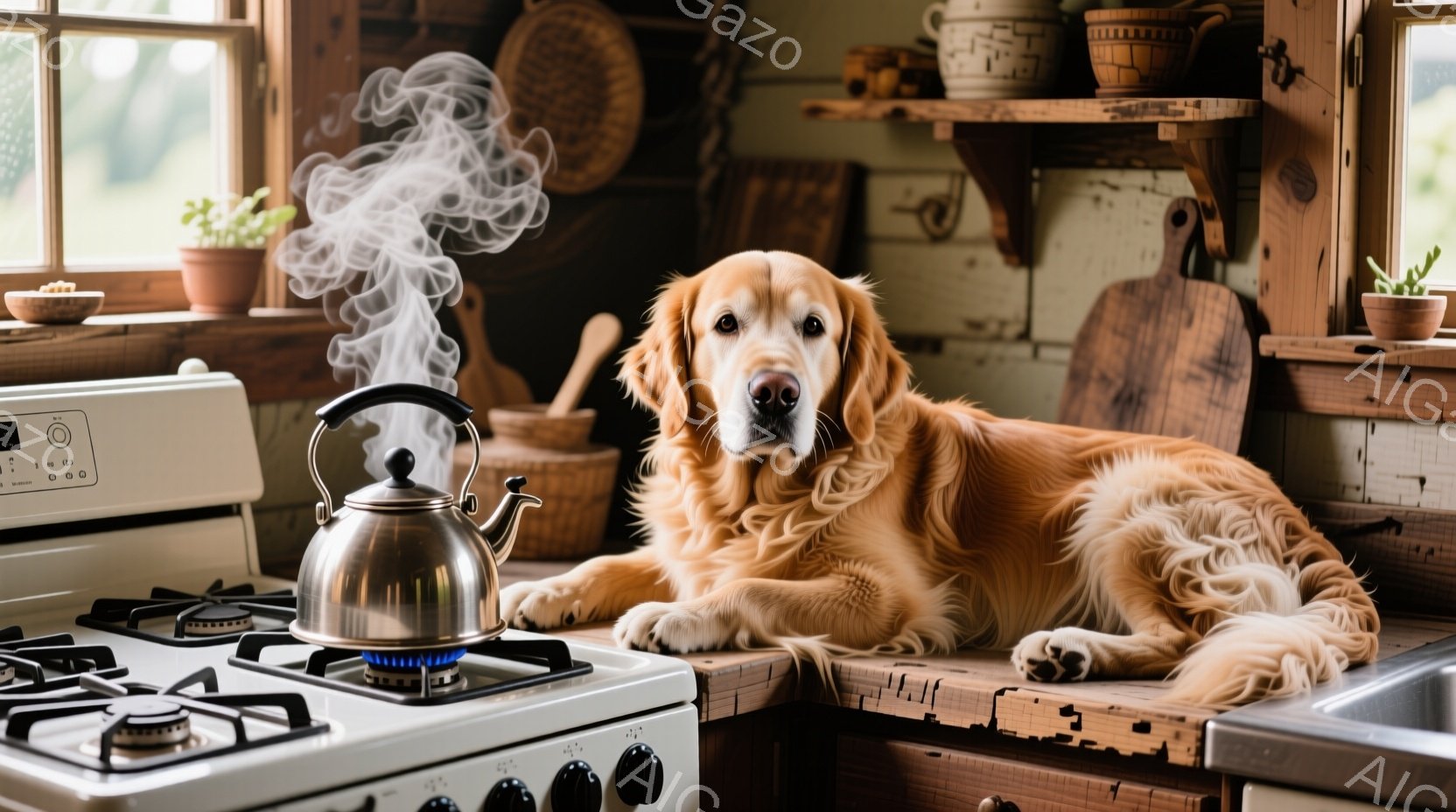 明るいキッチンカウンターの上に、ゴールデンレトリバーが横たわっています。スチームが立ち上るケトルがコンロに置かれており、暖かく心地よい雰囲気を醸し出しています。背景には木製の棚があり、素朴で温かみのあ - AI生成フリー素材