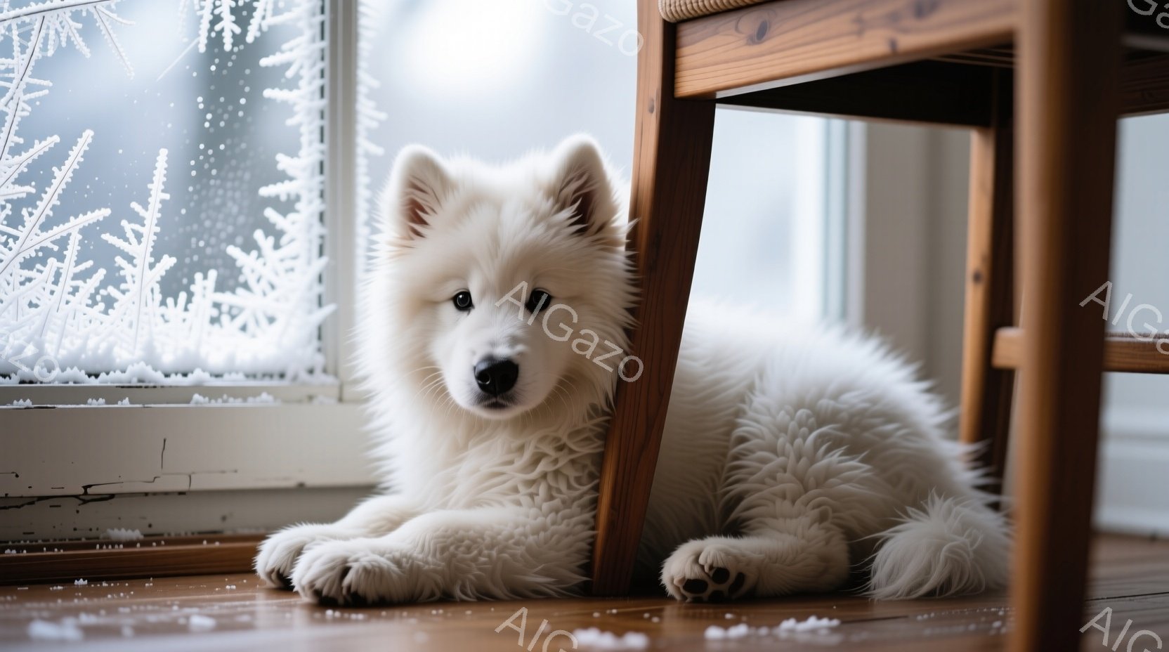 白い毛並みのシベリアンハスキーの子犬が、木の脚にもたれて床に横たわっています。窓には雪の結晶のような霜が降りており、冬の静かで穏やかな雰囲気を醸し出しています。暖色系のフローリングが子犬の白さを引き立て、可愛らしさを際立たせています。