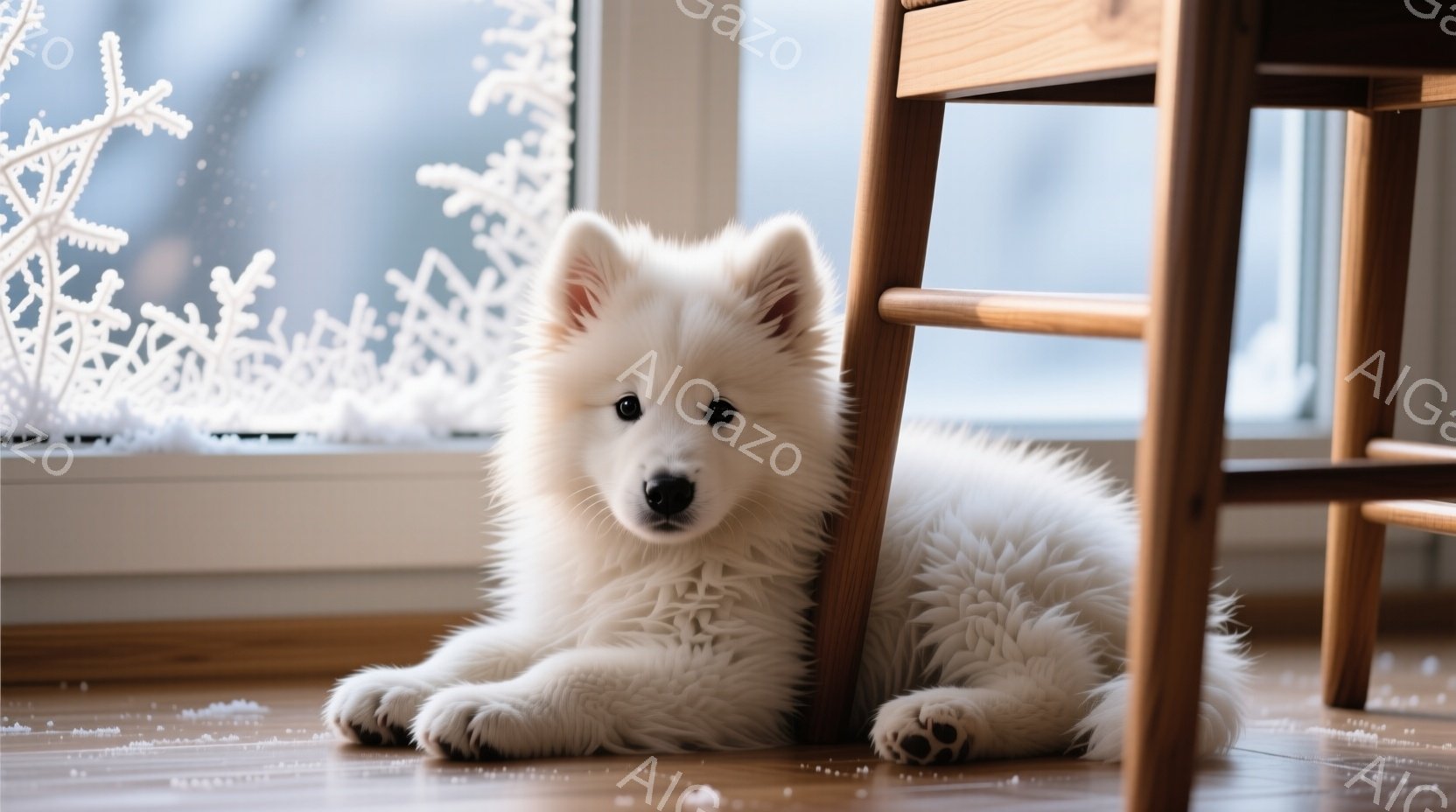 白い毛並みの幼い犬が木製の椅子の足に寄り添って横たわっています。背景には雪の結晶が描かれた窓があり、室内は暖かく穏やかな雰囲気が漂っています。犬はリラックスした表情で、まるで冬の日の安らぎを感じさせて - AI生成フリー素材
