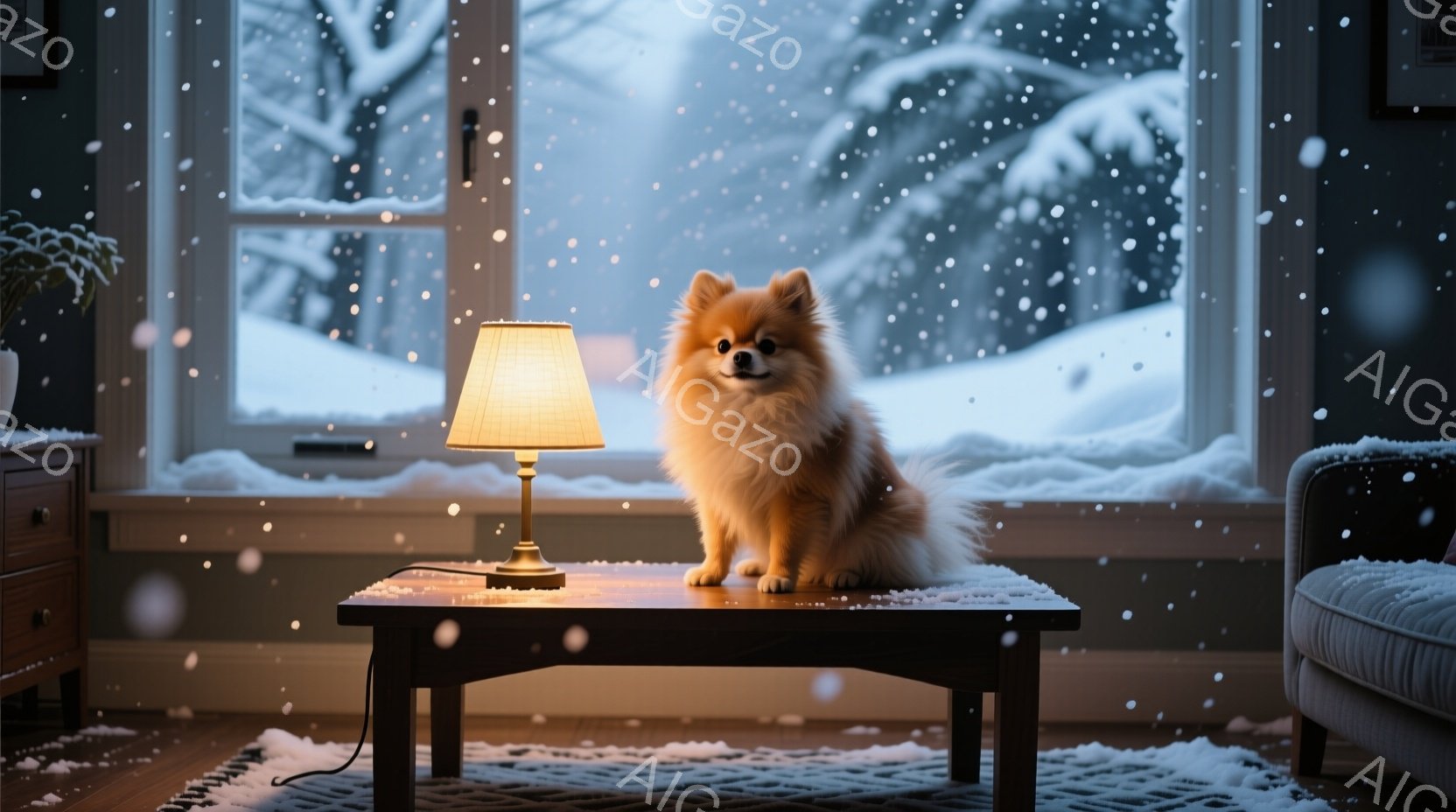 暖炉のそばにあるテーブルの上に、茶色い毛並みのポメラニアンが座っています。窓の外には雪景色が広がり、室内の暖かい光と雪の冷たさが対照的です。部屋全体は落ち着いた雰囲気で、冬の静寂と安らぎを感じさせます - AI生成フリー素材
