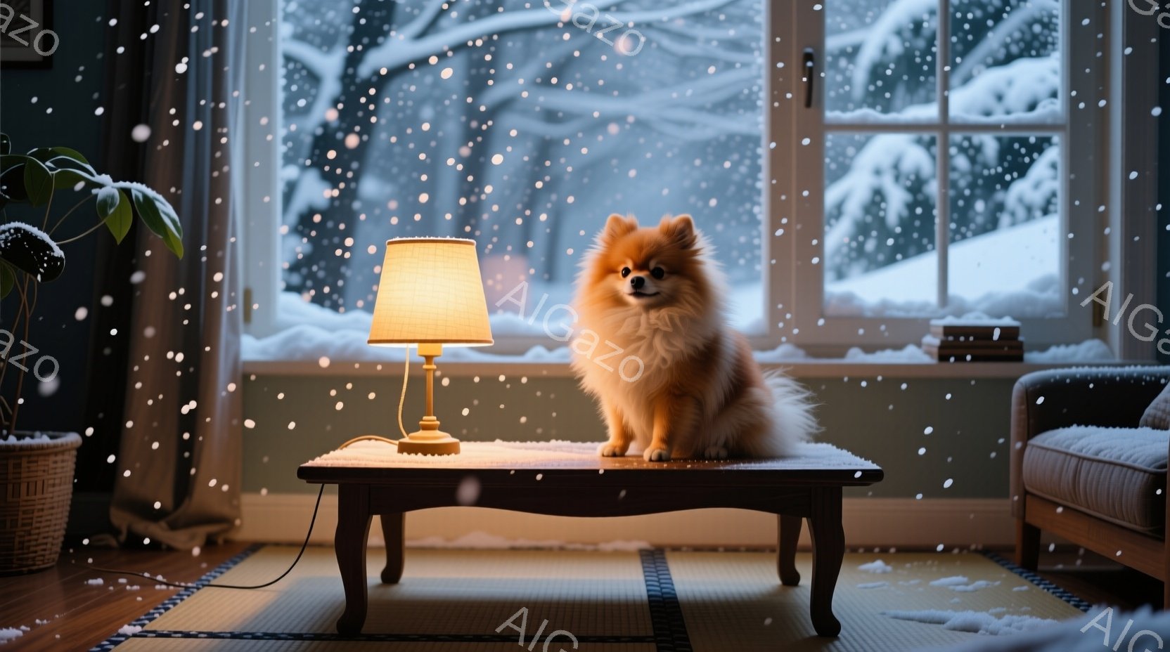 明るいランプが置かれたテーブルの上で、ふわふわの茶色のポメラニアンが正面を見て座っています。窓の外は雪景色で、暖かい室内とのコントラストが印象的です。畳の上に置かれたテーブルとソファー、そして籐製のバ - AI生成フリー素材