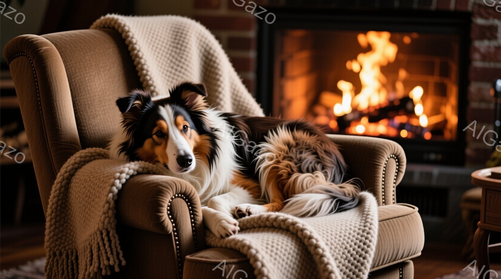 茶色いアームチェアに、毛並みの美しいボーダーコリーがゆったりと横たわっています。犬はリラックスした表情で、暖炉の火を見つめているようです。背景にはレンガ造りの暖炉と、少しぼやけた家具が見え、温かく居心地の良い雰囲気を醸し出しています。