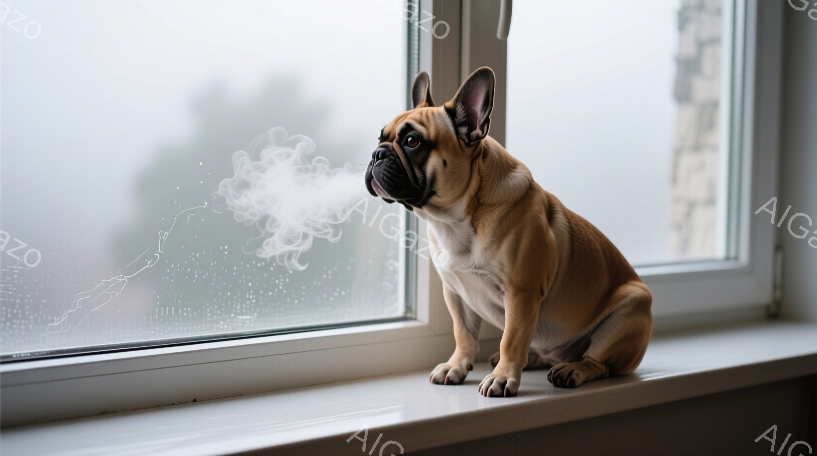 ベージュ色のフレンチブルドッグが窓辺に座り、息を吐いて白い蒸気を漂わせています。窓は曇っており、外の景色はぼやけていますが、建物の輪郭がわずかに見えます。冷たい冬の日の、静かで穏やかな雰囲気が漂っています。