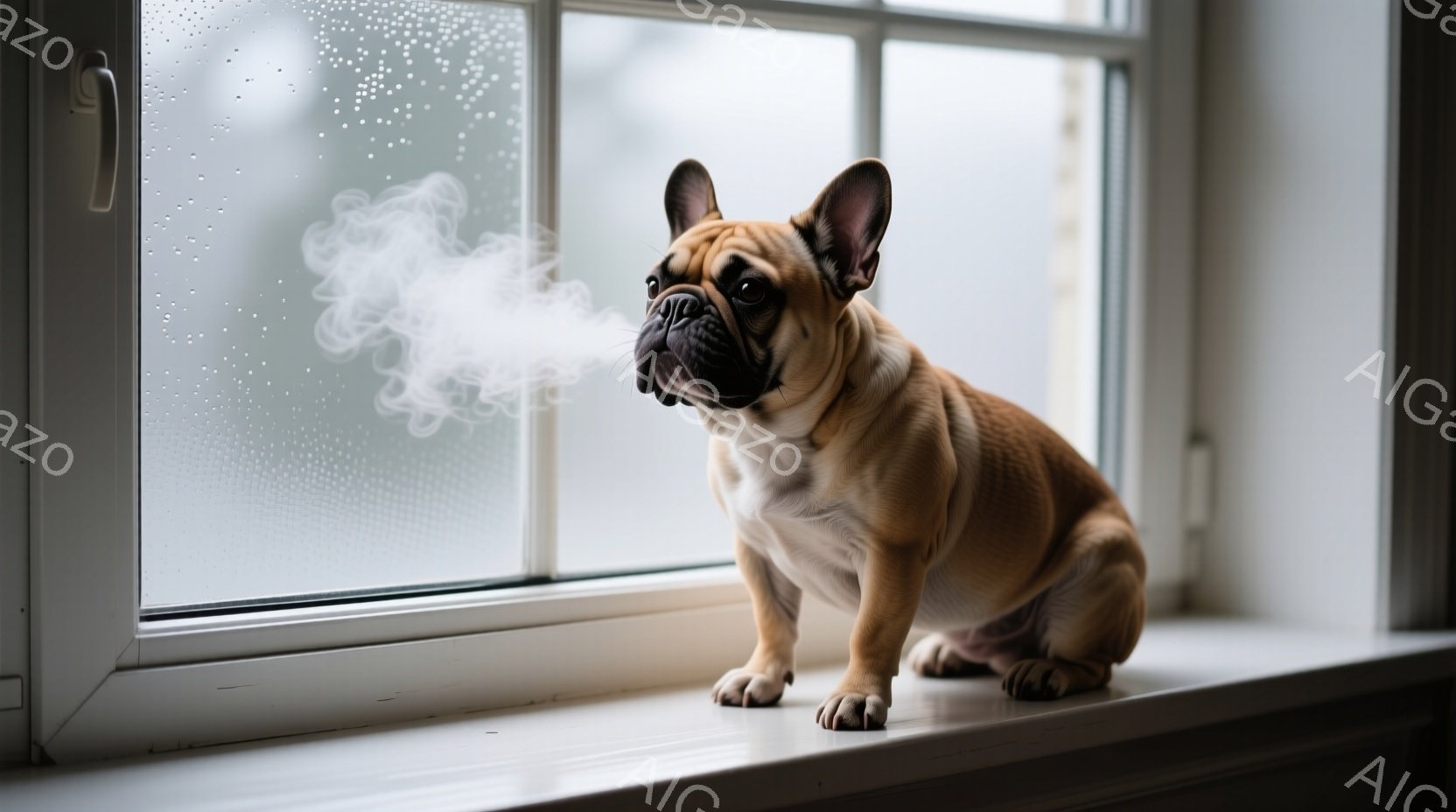 クリーム色の毛並みを持つフレンチブルドッグが窓辺に座り、息を吐き出しており、白い息が湯気のように漂っている。窓は曇っており、背景はぼやけて見えるが、室内からの撮影であるとわかる。全体的に、冬の寒さを感じさせる、静かで穏やかな雰囲気である。