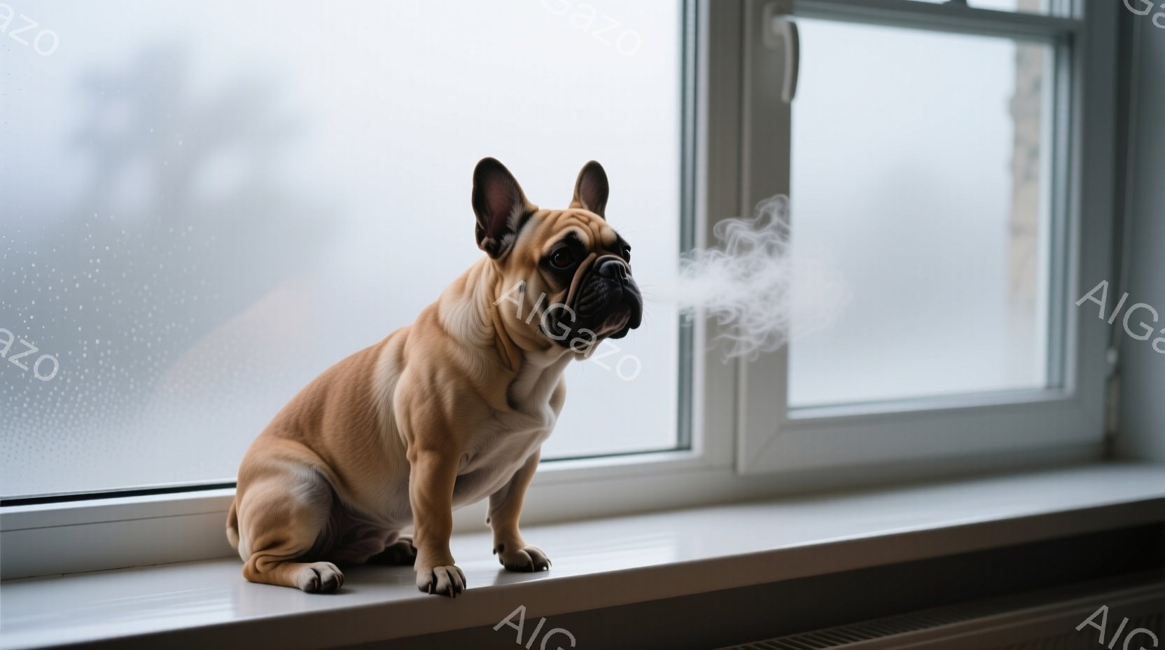 クリーム色のフレンチブルドッグが窓辺に座り、息を吐いて白い蒸気を上げています。窓ガラスは曇っていて、外の景色はぼやけていますが、雨天または寒い天候であることが伺えます。室内は明るく、犬はリラックスした様子で、穏やかな雰囲気が漂っています。