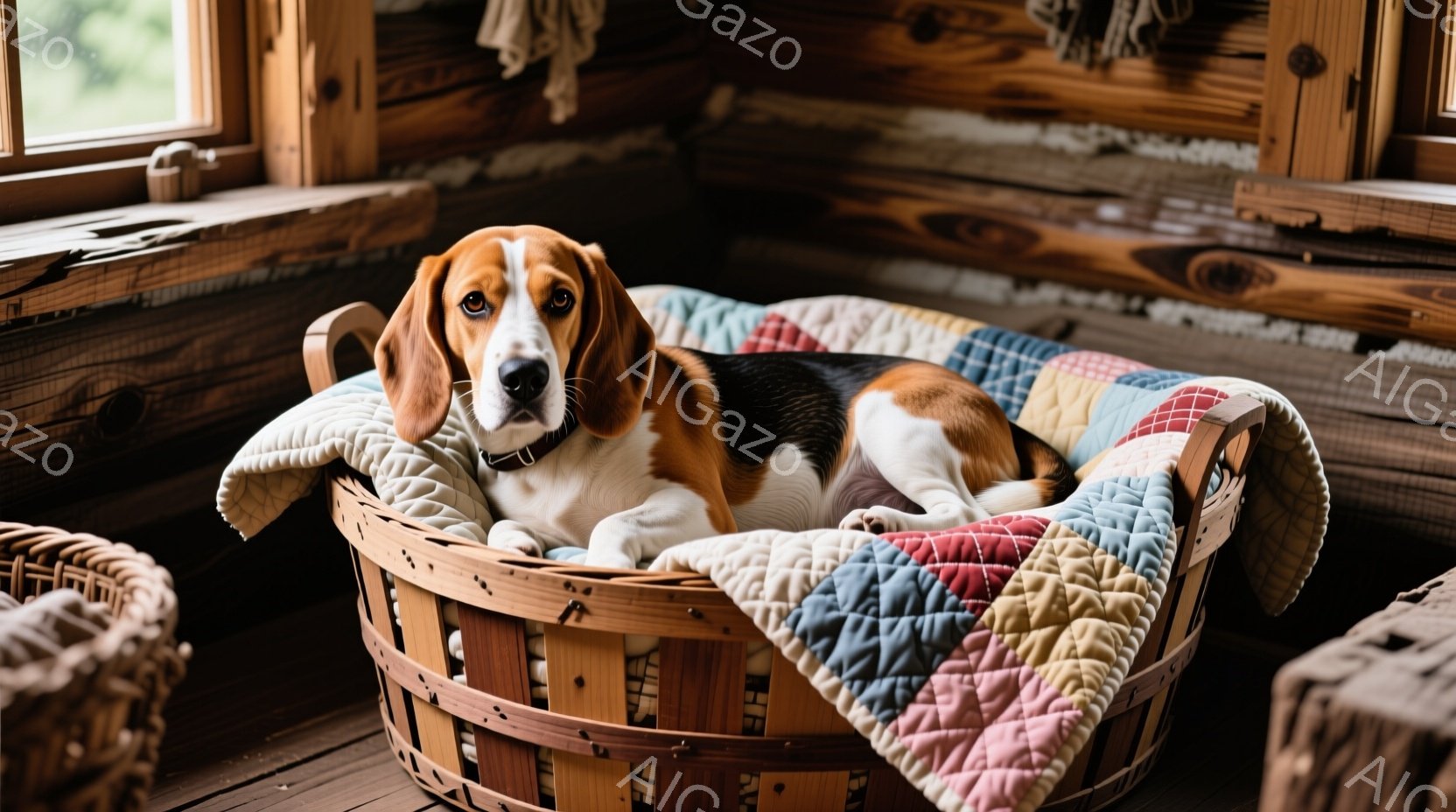 茶色と白のまだら模様のビーグル犬が、籐で編まれたかごの中に横たわっています。犬は落ち着いた表情で、快適そうにリラックスしています。背景は木製の壁と床で、素朴で温かい雰囲気が漂っています。 - AI生成フリー素材