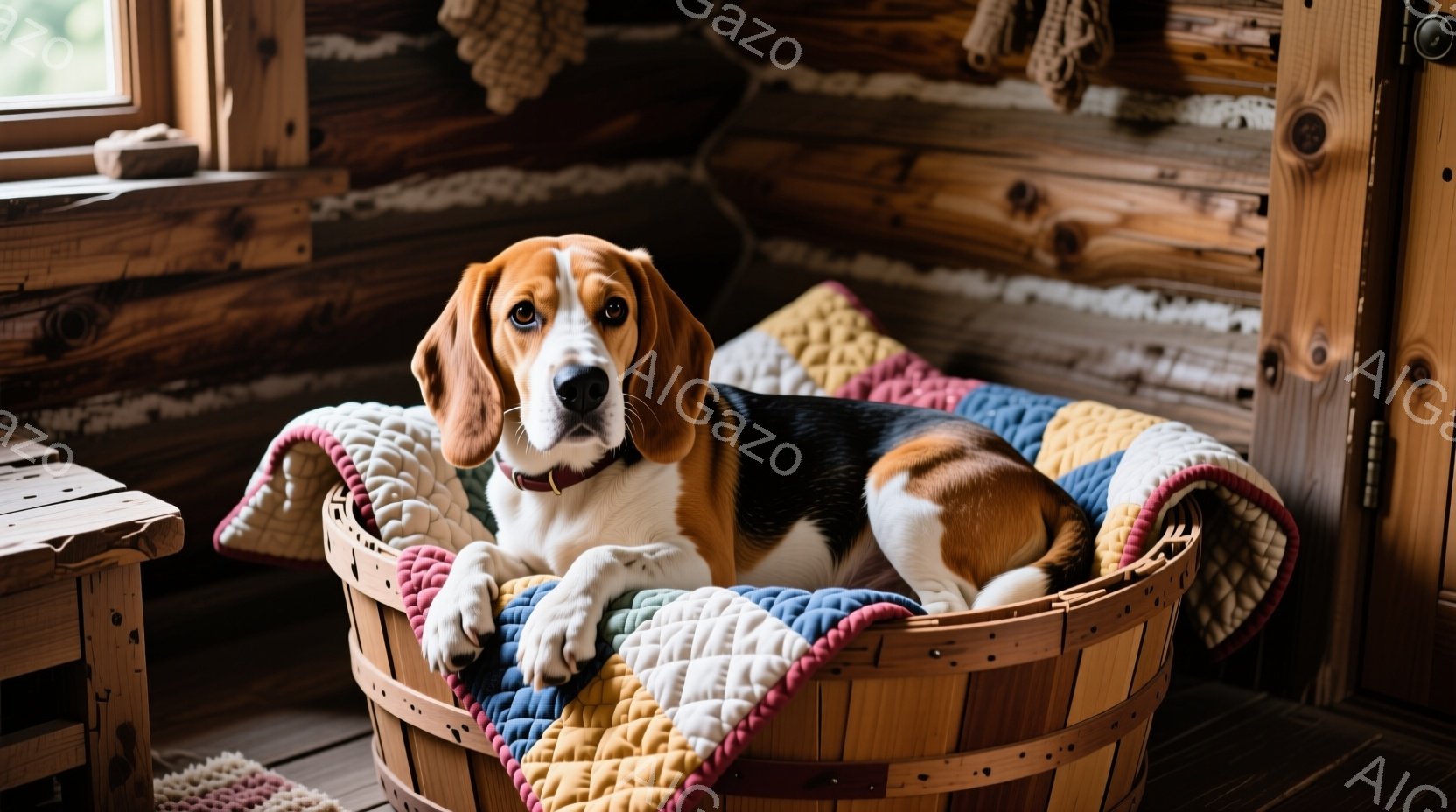 茶色と白の毛並みを持つビーグル犬が、木製の樽の中に横たわっています。犬は赤い首輪を着用し、リラックスした表情で前足を樽の縁にかけ、優しい眼差しを向けています。背景には木造の壁があり、樽の上にカラフルな - AI生成フリー素材