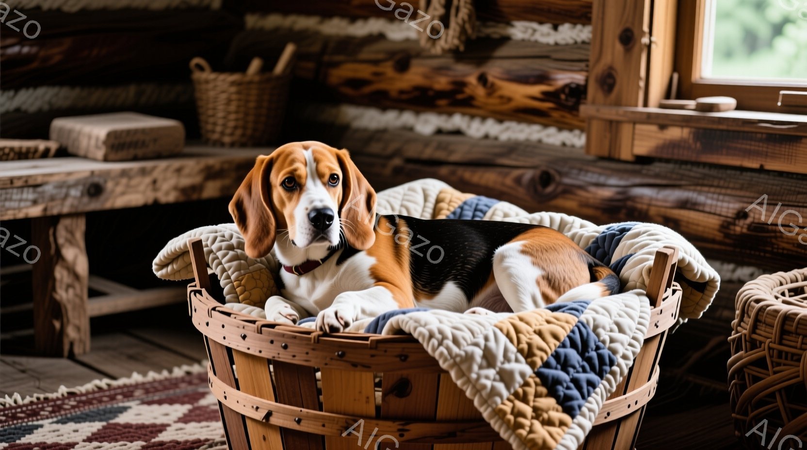 温かい色調の室内で、ビーグル犬が木製のカゴの中にゆったりと横たわっている。犬は首輪をつけており、落ち着いた表情でこちらを見ている。背景には、素朴な籐のバスケットや木製の家具が見え、暖かく居心地の良い雰 - AI生成フリー素材