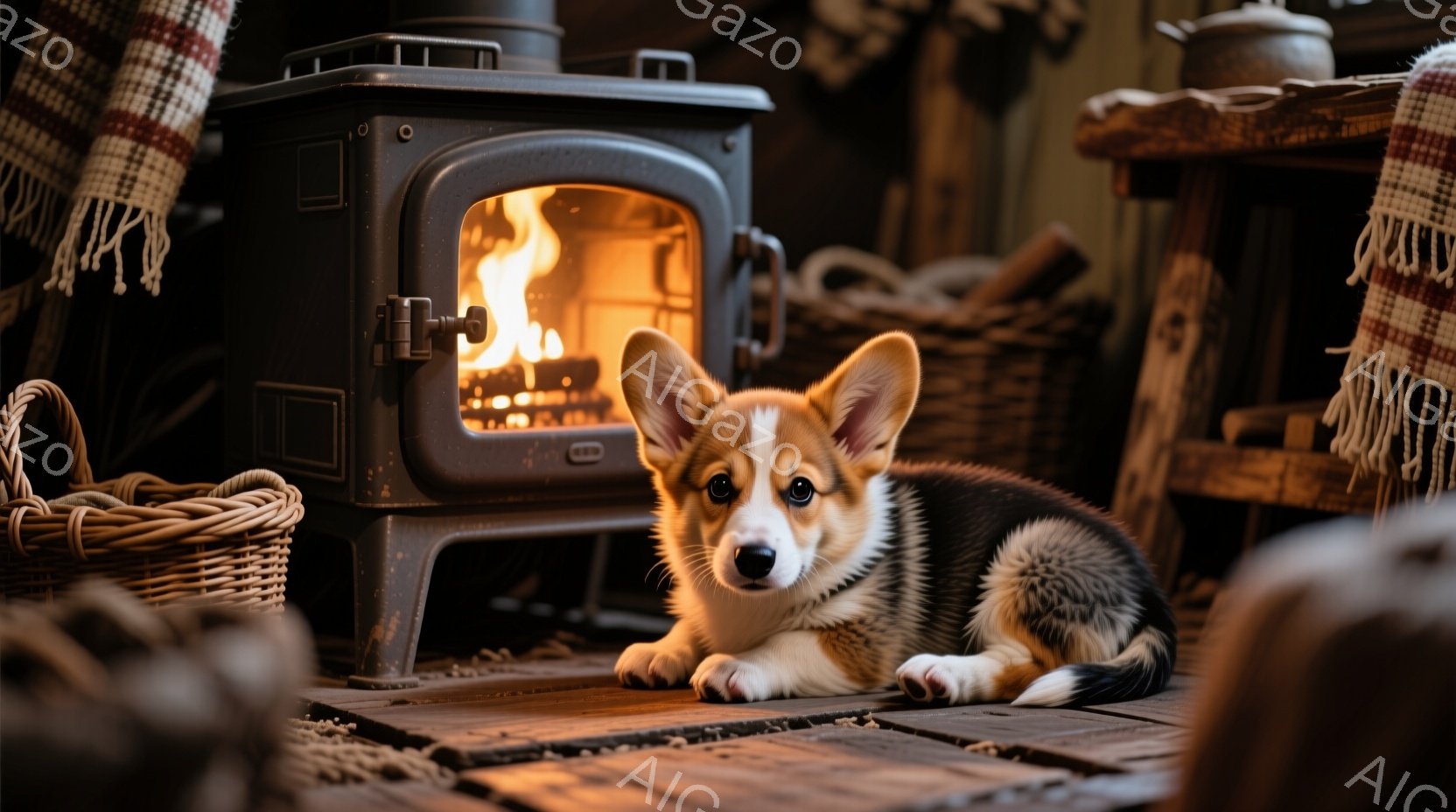 暖炉のそばで、コーギーの子犬が床に横たわっています。子犬は茶色と白の毛並みで、大きな耳と明るい目をしており、リラックスした表情をしています。背景には、籐のバスケットや木製の家具が見え、暖炉の火が温かい - AI生成フリー素材