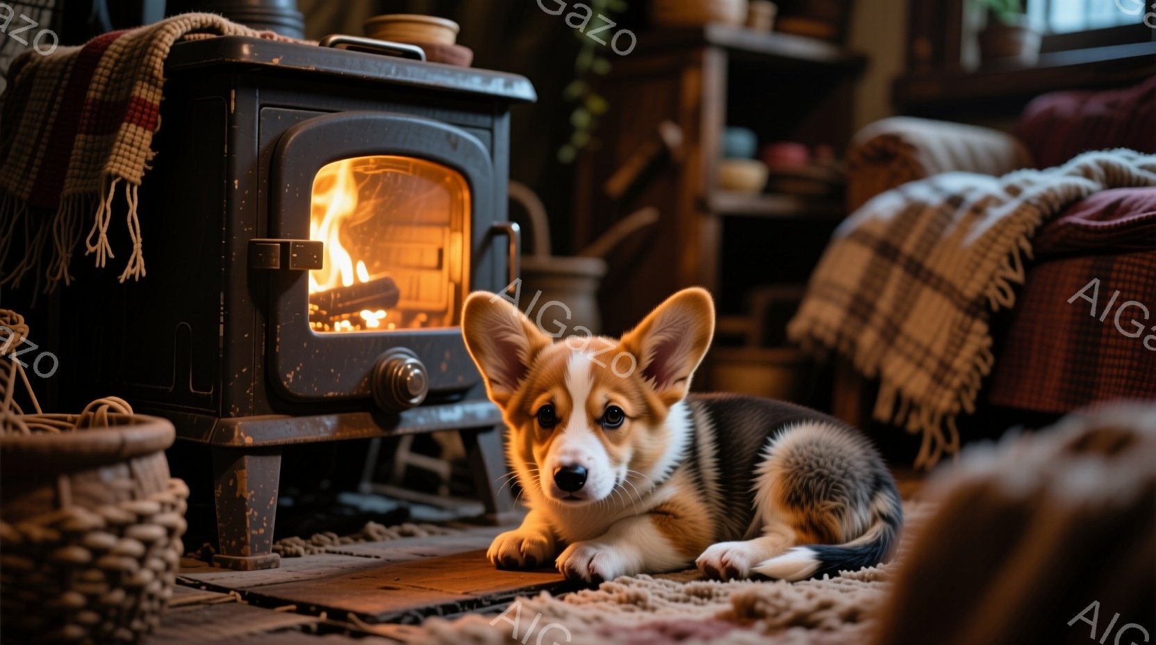 黒と白のコーギー犬が、暖炉の前に置かれた毛皮のような敷物の上で横たわっています。暖炉は燃え盛っており、部屋全体を暖かい光で満たしています。背景には、籐製のバスケットやカラフルな毛布が見え、居心地の良い - AI生成フリー素材