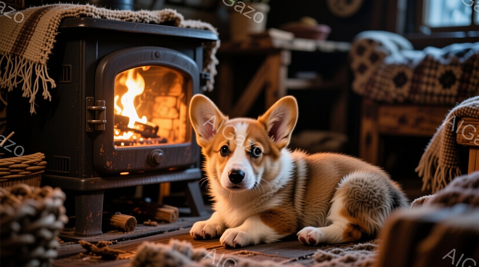 温かい暖炉の前に、可愛らしいコーギーが横たわっています。コーギーは茶色と白の毛並みで、少し心配そうな、または穏やかな表情をしています。背景には木製の家具や編み物、そして暖炉の火が見え、居心地の良い、リ - AI生成フリー素材