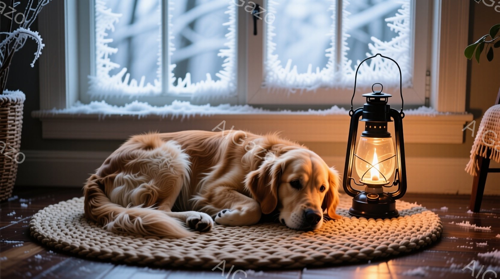 ゴールデンレトリバーが丸いラグの上に横たわっており、リラックスした様子が伺える。窓の外は雪景色で、室内にはオイルランプが置かれ、暖かく穏やかな雰囲気を醸し出している。床は木製で、全体的に冬の静けさと安 - AI生成フリー素材