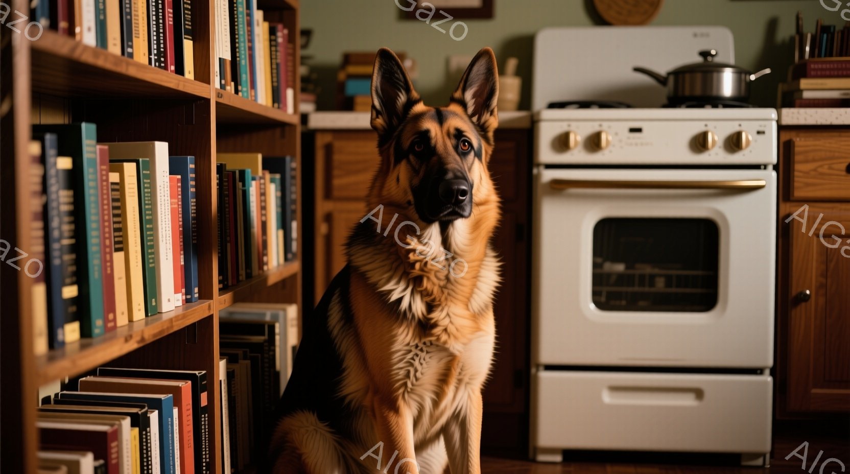 暖炉のそばの本棚の前に、ジャーマンシェパードが座っています。犬は正面をまっすぐ見つめ、その表情は知的で落ち着いています。背景には木製のキャビネットと白いストーブがあり、家庭的な雰囲気が漂っています。