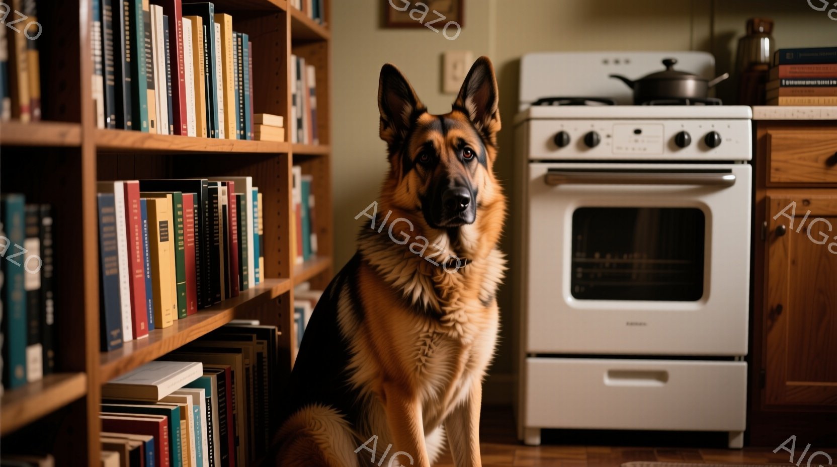 茶色と黒のジャーマンシェパードが座って正面を見つめています。背景には本棚と白いストーブがあり、暖かく家庭的な雰囲気が漂っています。犬は落ち着いた表情で、室内は木製の床と壁で、アットホームな空間を演出しています。