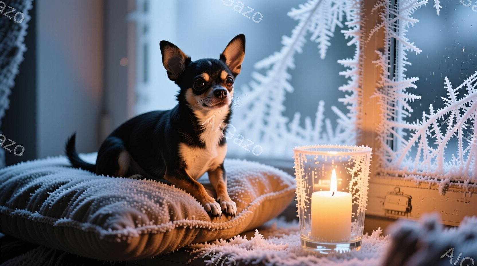小さなチワワがふわふわとした白いクッションの上に座って正面を見ています。背景には、キャンドルが灯されたガラス製のホルダーと、霜で覆われた窓があり、冬の静かで穏やかな雰囲気を醸し出しています。全体的に、 - AI生成フリー素材